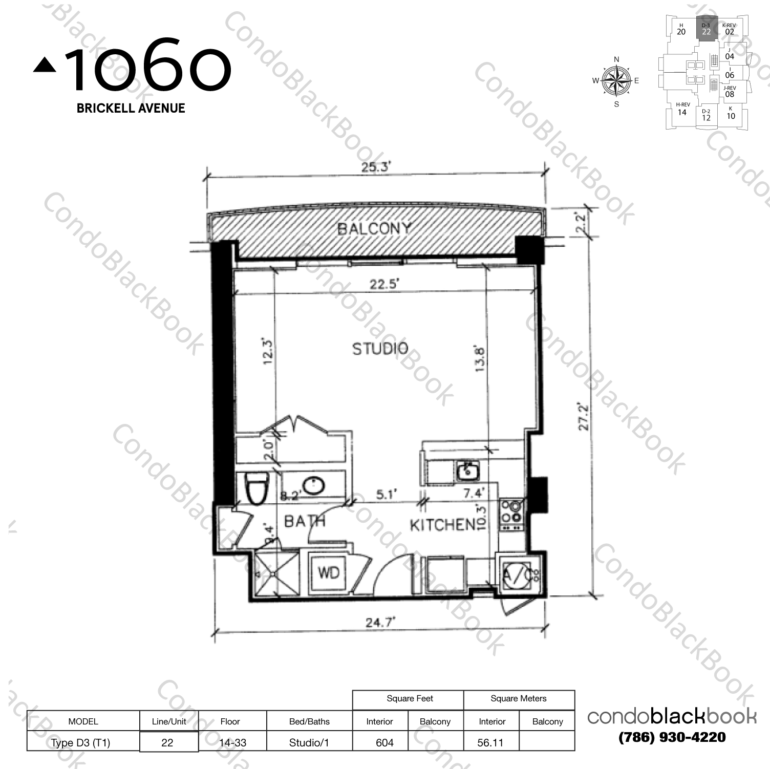 Floor plan for Avenue 1060 Brickell Brickell Miami, model Type D3 (T1), line 22, Studio / 1 bedrooms, 604 sq ft