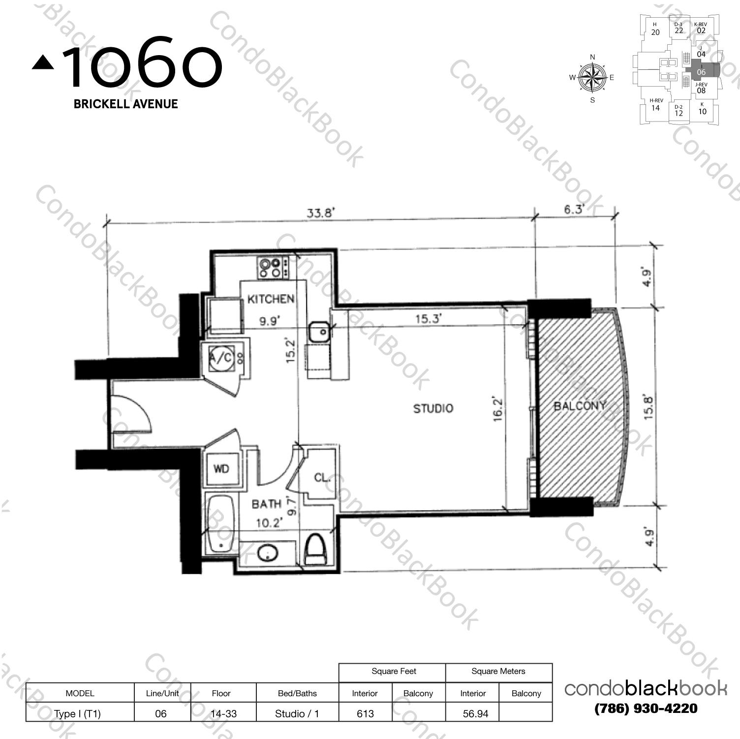 Floor plan for Avenue 1060 Brickell Brickell Miami, model Type I (T1), line 06, Studio / 1 bedrooms, 613 sq ft