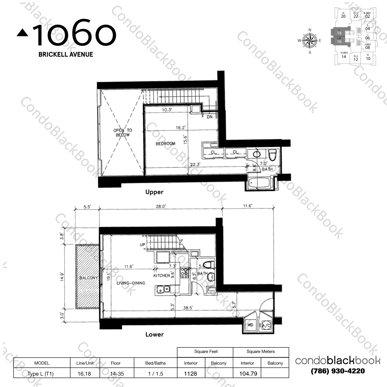 Floor plan for Avenue 1060 Brickell Brickell Miami, model Type L (T1), line 16,18, 1 / 1.5 bedrooms, 1128 sq ft