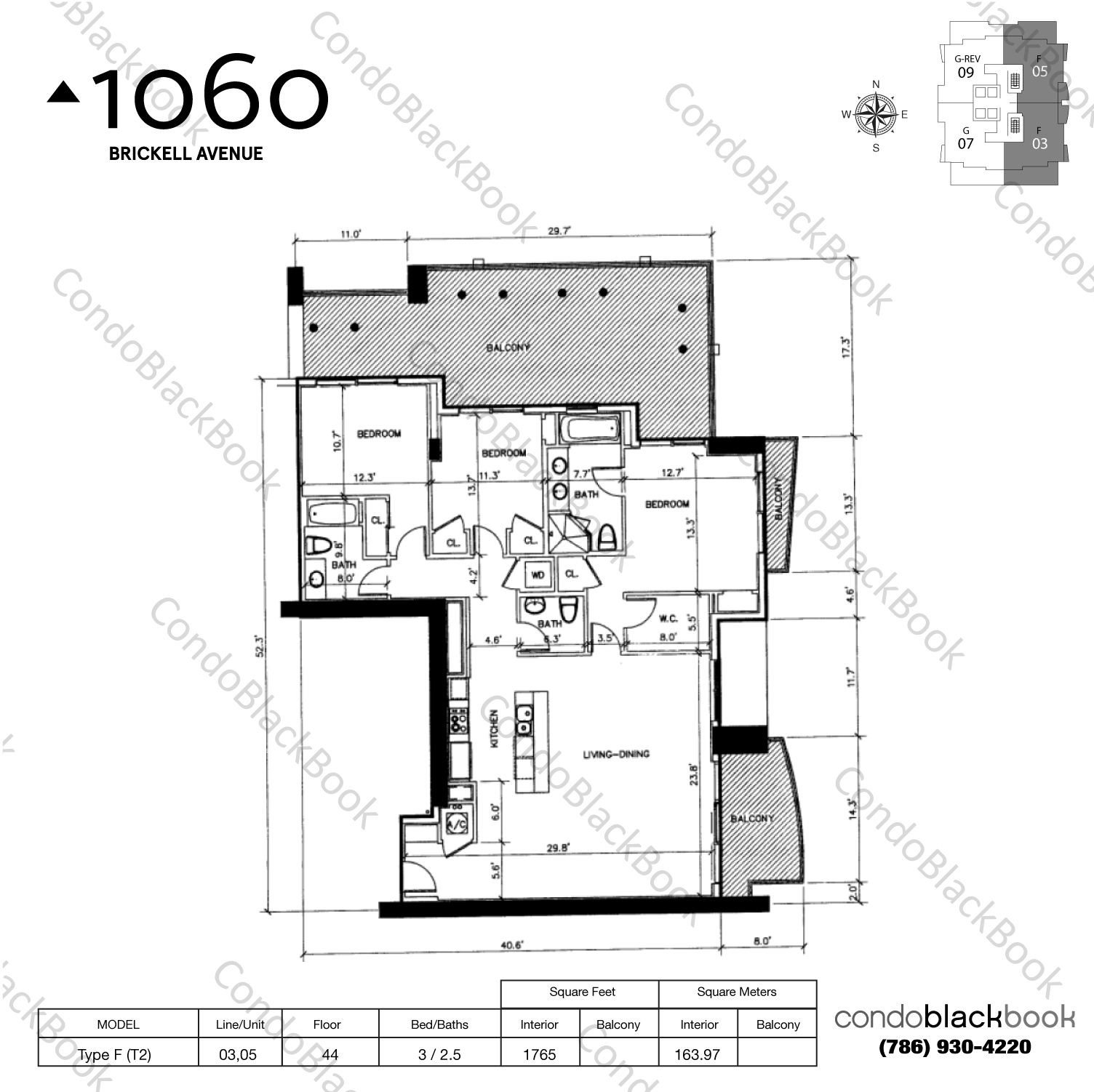 Floor plan for Avenue 1060 Brickell Brickell Miami, model Type F (T2), line 03,05, 3 / 2.5 bedrooms, 1765 sq ft