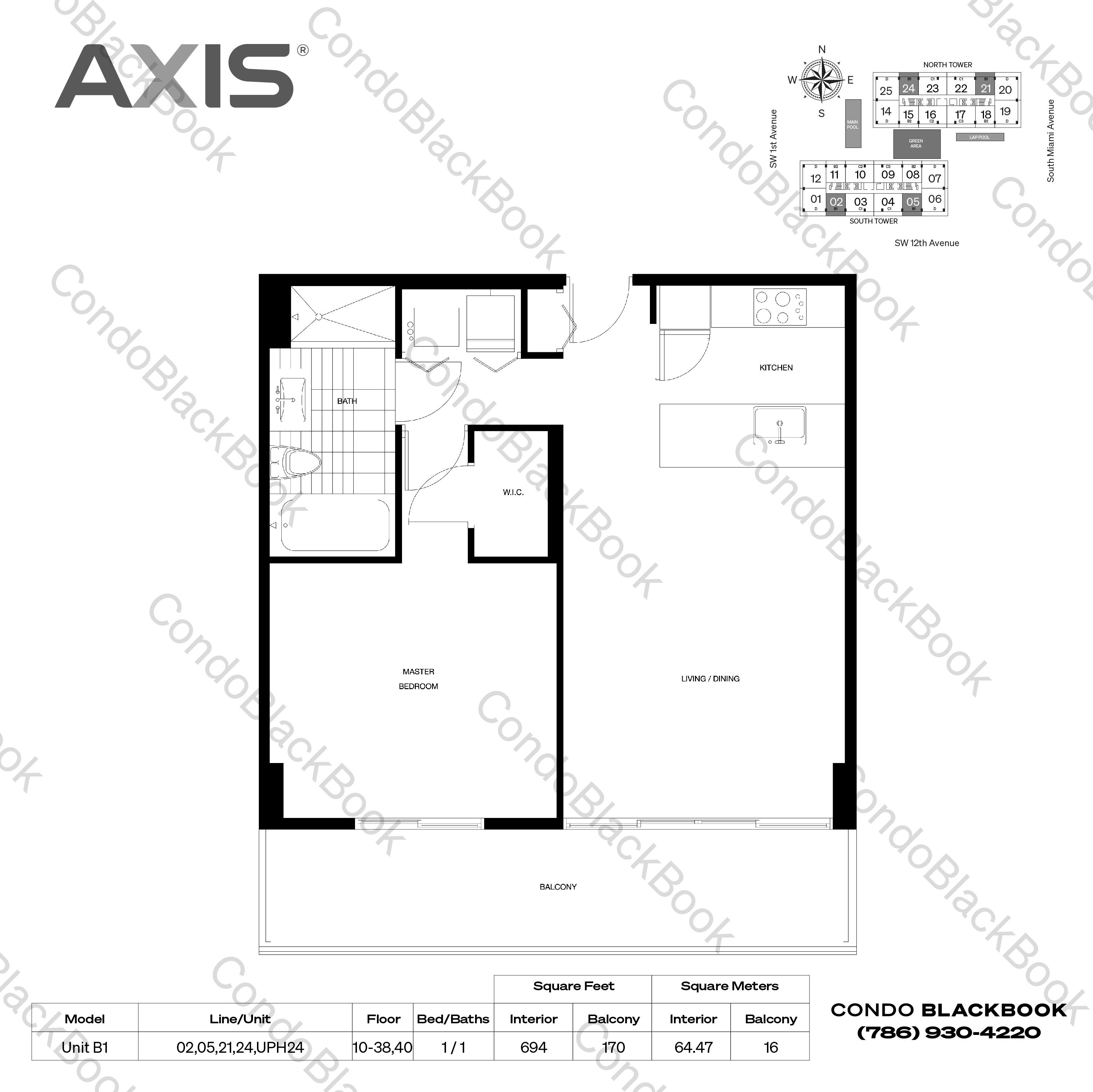 Floor plan for Axis Brickell Miami, model Unit B1, line 02,05,21,24,UPH24, 1 / 1 bedrooms, 694 sq ft