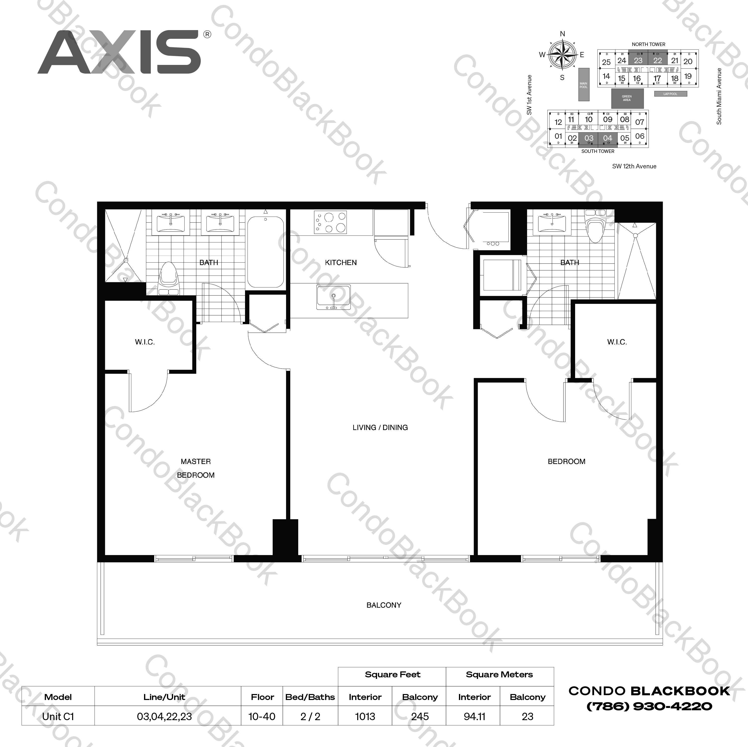 Floor plan for Axis Brickell Miami, model Unit C1, line 03,04,22,23, 2 / 2 bedrooms, 1013 sq ft