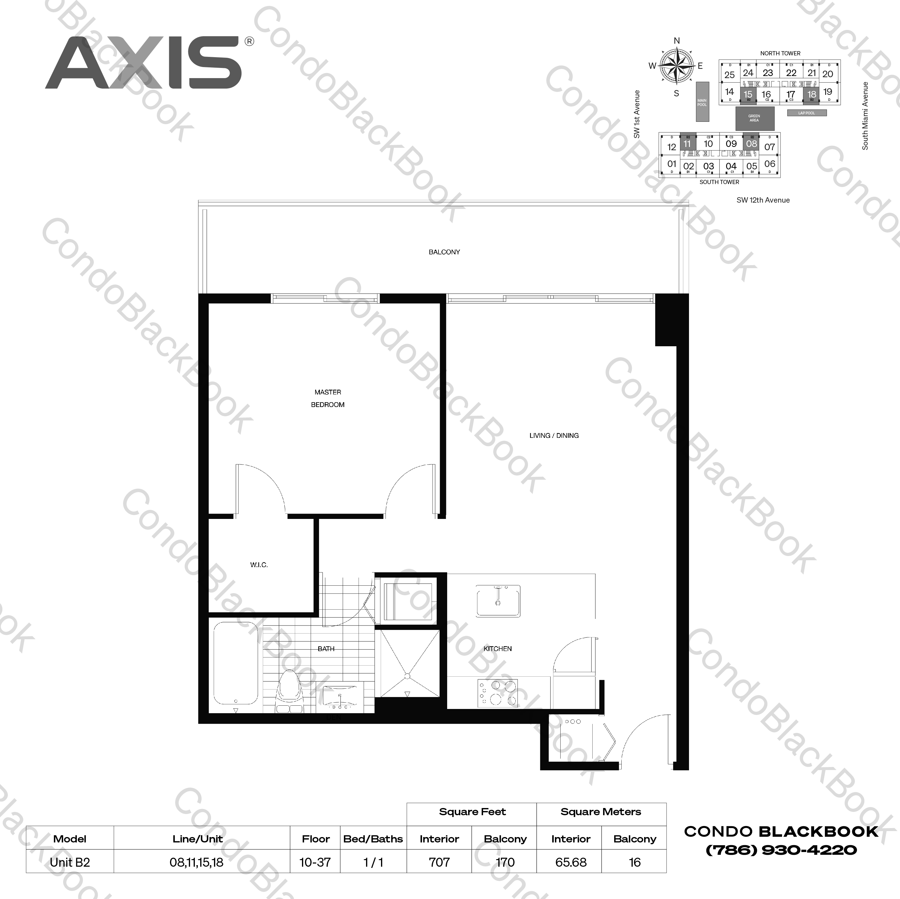 Floor plan for Axis Brickell Miami, model Unit B2, line 08,11,15,18, 1 / 1 bedrooms, 707 sq ft