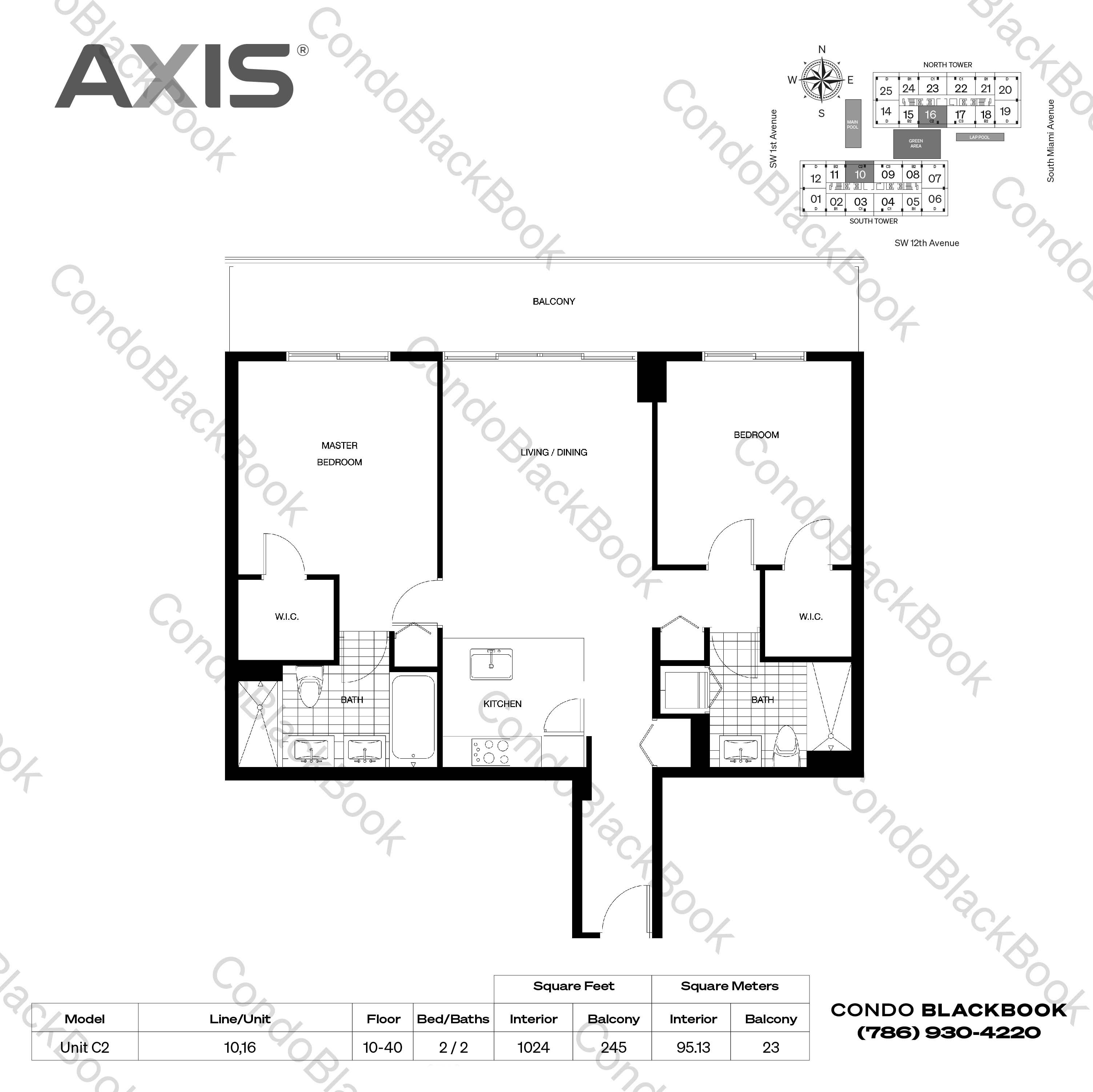 Floor plan for Axis Brickell Miami, model Unit C2, line 10,16, 2 / 2 bedrooms, 1024 sq ft