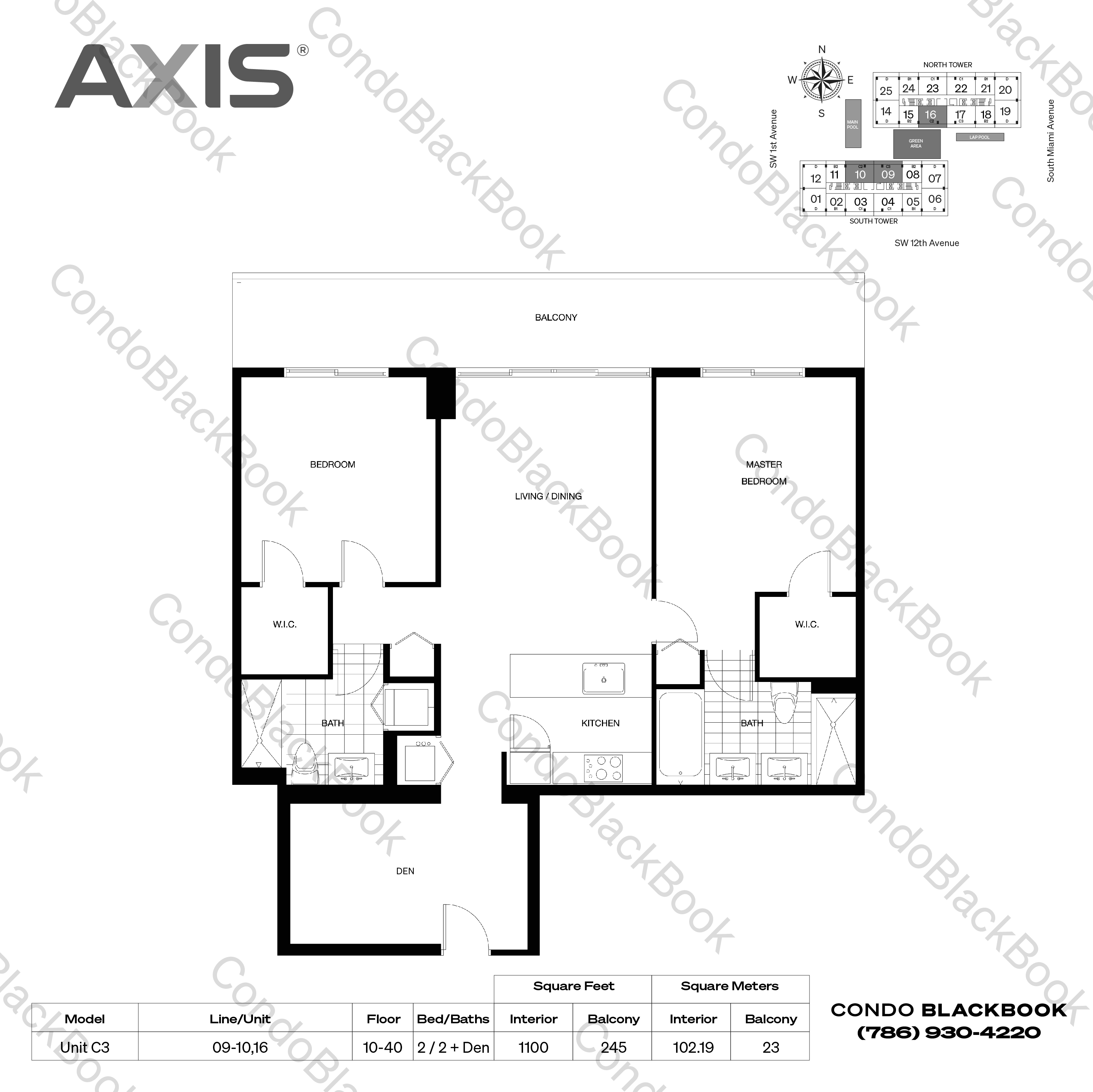 Floor plan for Axis Brickell Miami, model Unit C3, line 09,10,16,UPH10, 2 / 2 + Den bedrooms, 1100 sq ft