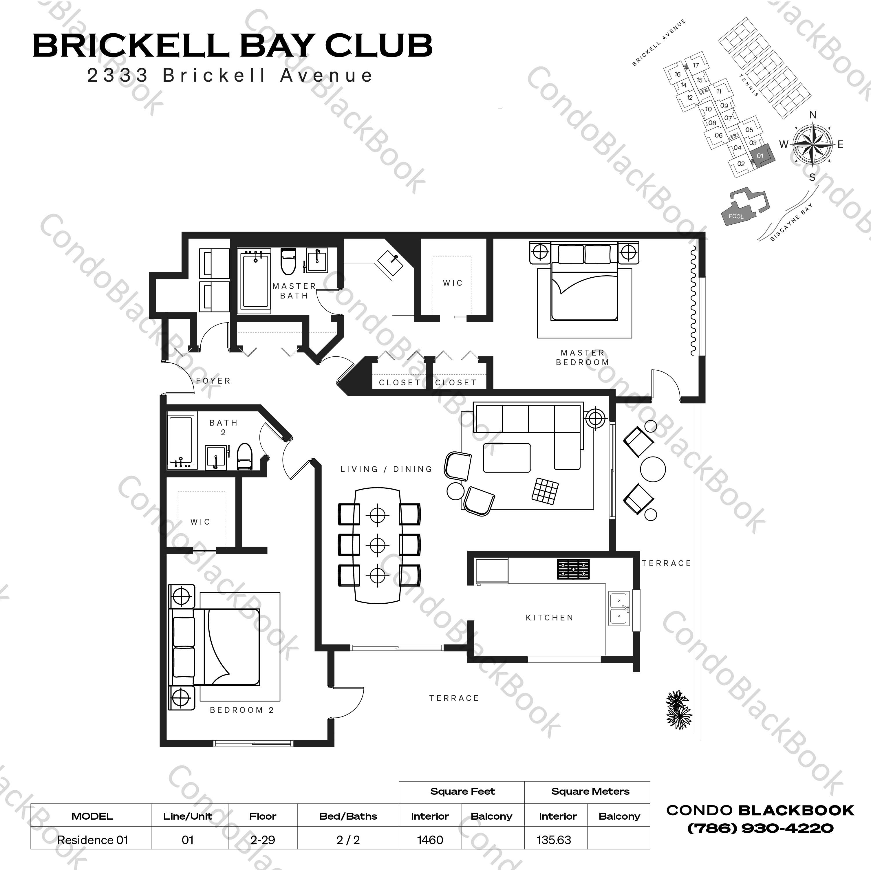 Floor plan for Brickell Bay Club Brickell Miami, model Residence 01, line 01, 2 / 2 bedrooms, 1460 sq ft