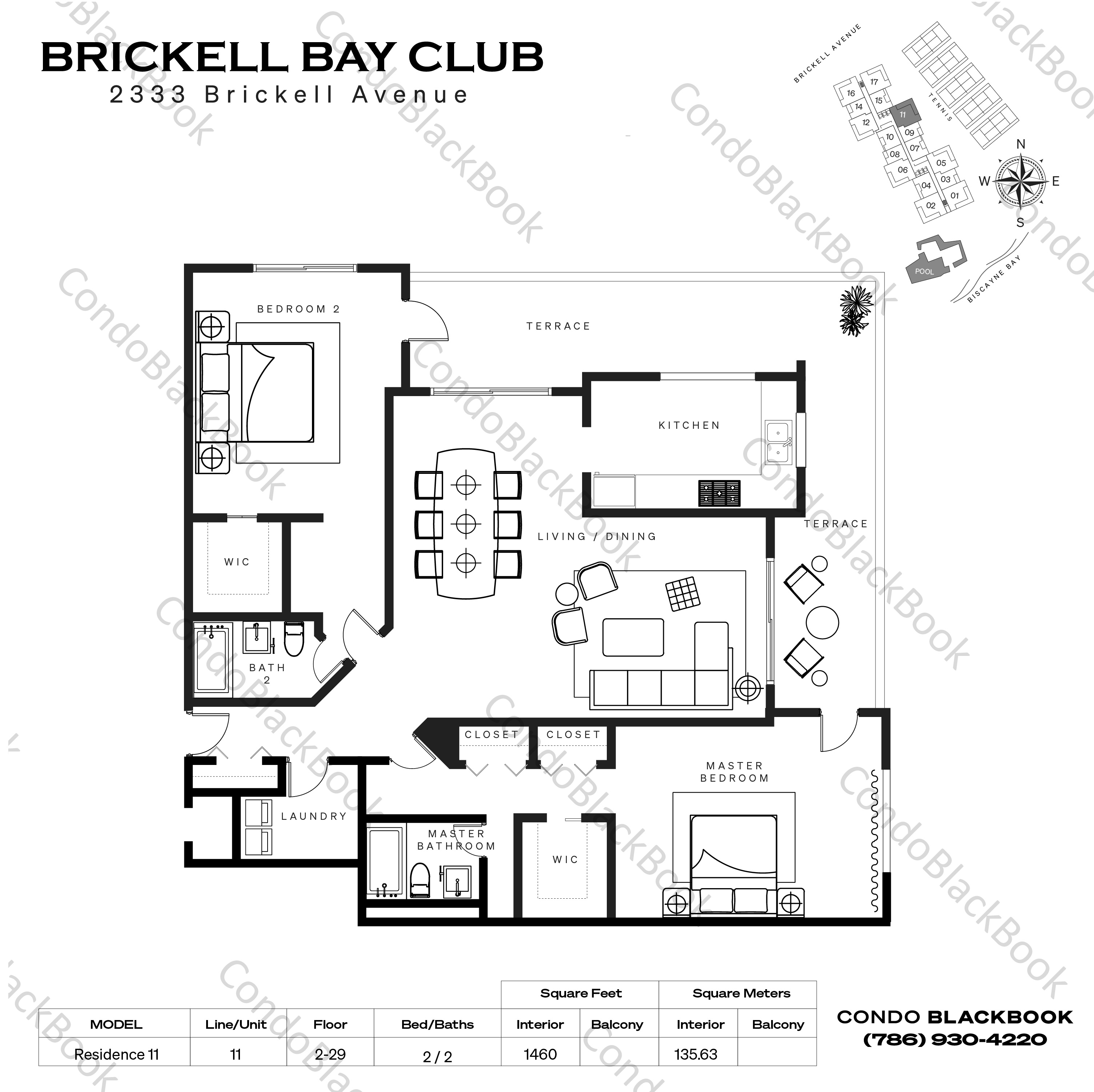 Floor plan for Brickell Bay Club Brickell Miami, model Residence 11, line 11, 2 / 2 bedrooms, 1460 sq ft