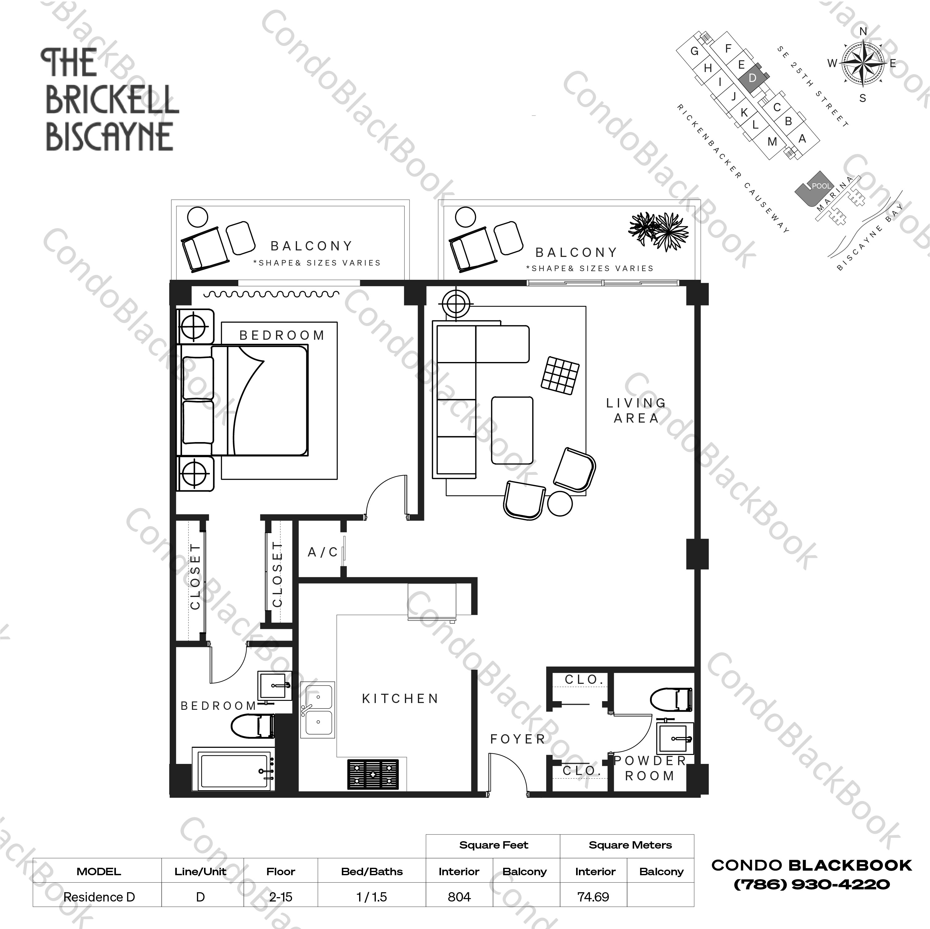 Floor plan for Brickell Biscayne Brickell Miami, model Residence D, line D, 1 / 1.5 bedrooms, 804 sq ft