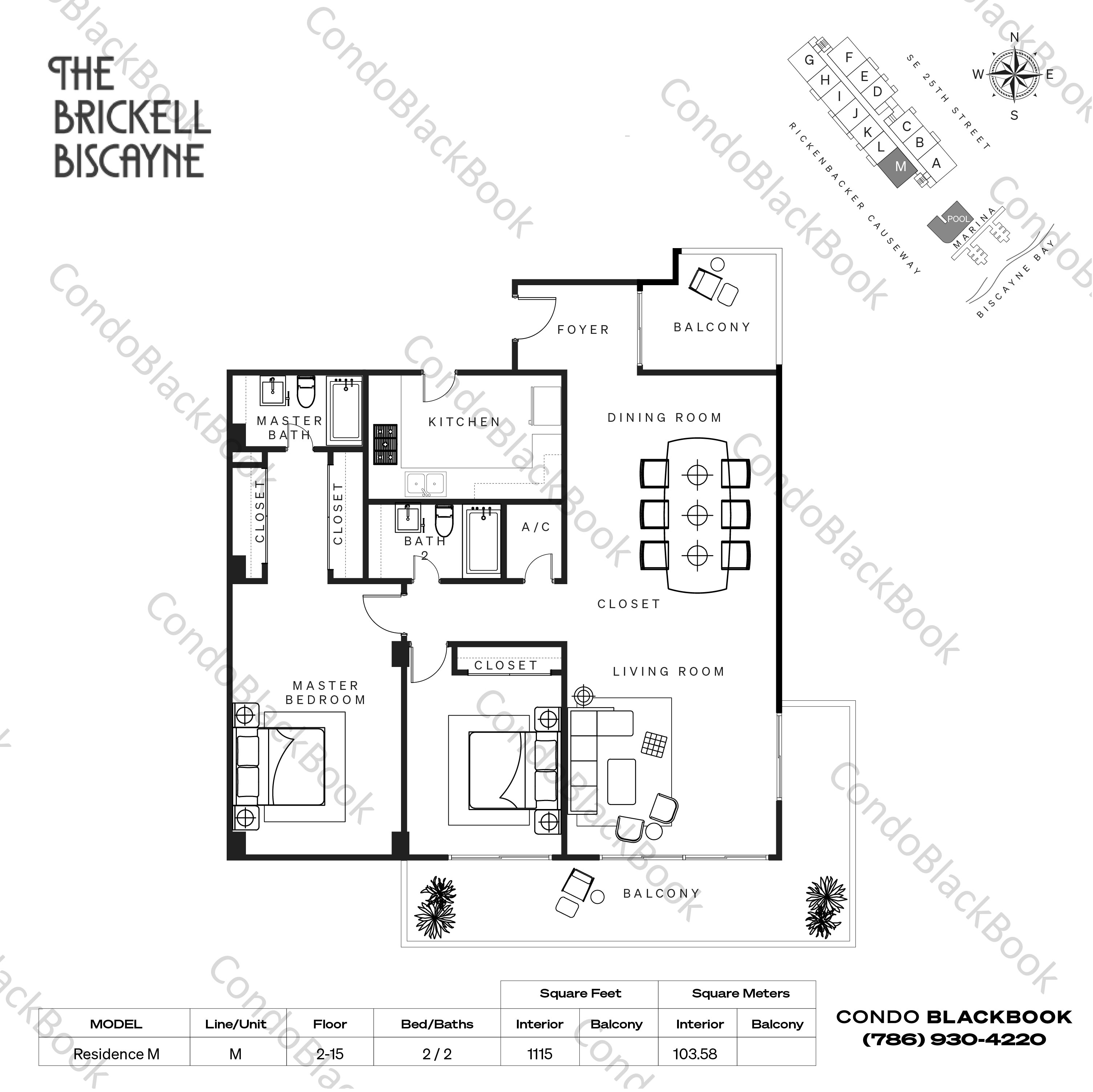 Floor plan for Brickell Biscayne Brickell Miami, model Residence M, line M, 2 / 2 bedrooms, 1115 sq ft