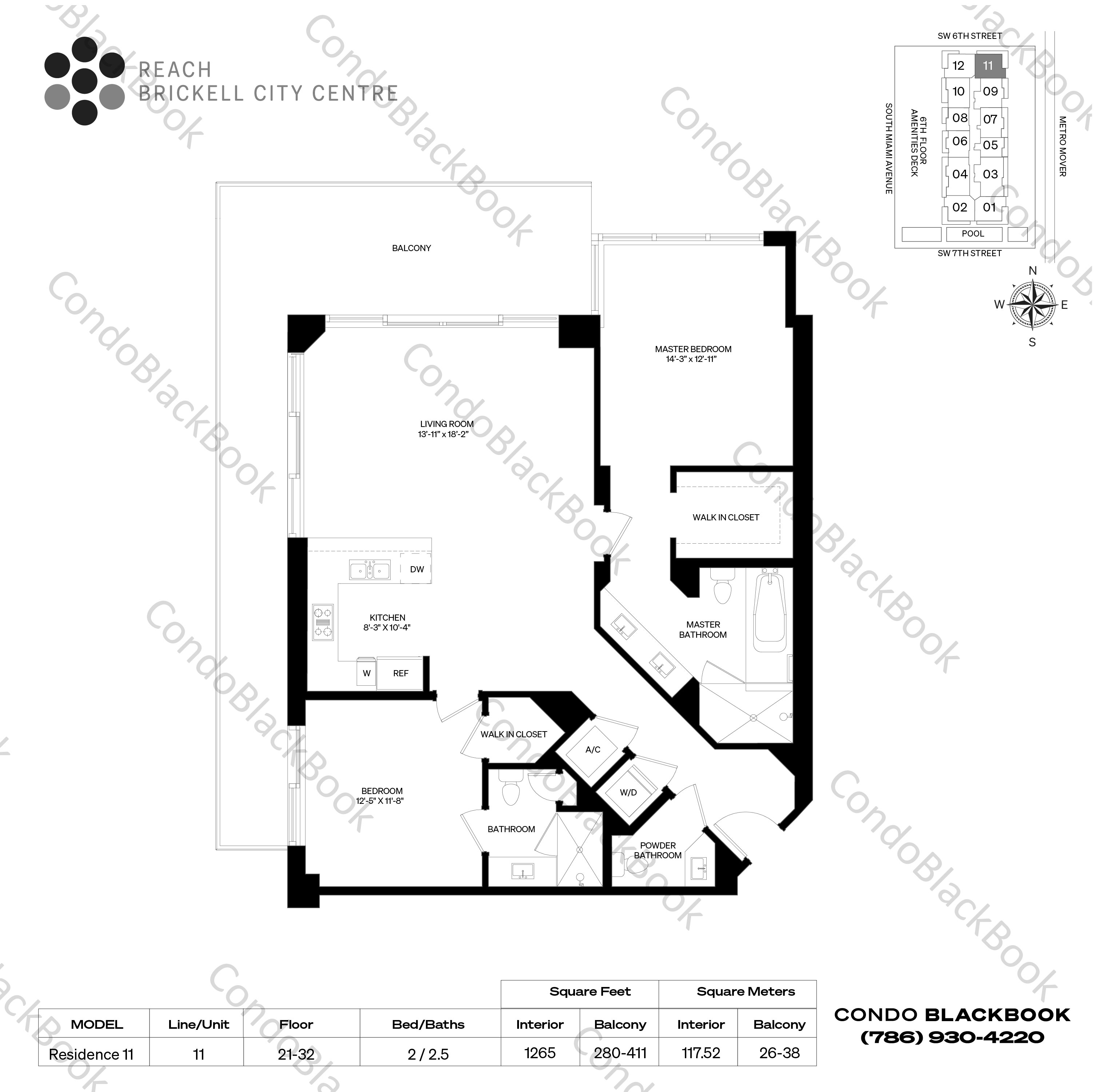 Floor plan for Reach Brickell City Centre Brickell Miami, model Residence 11, line 11, 2 / 2.5 bedrooms, 1265 sq ft