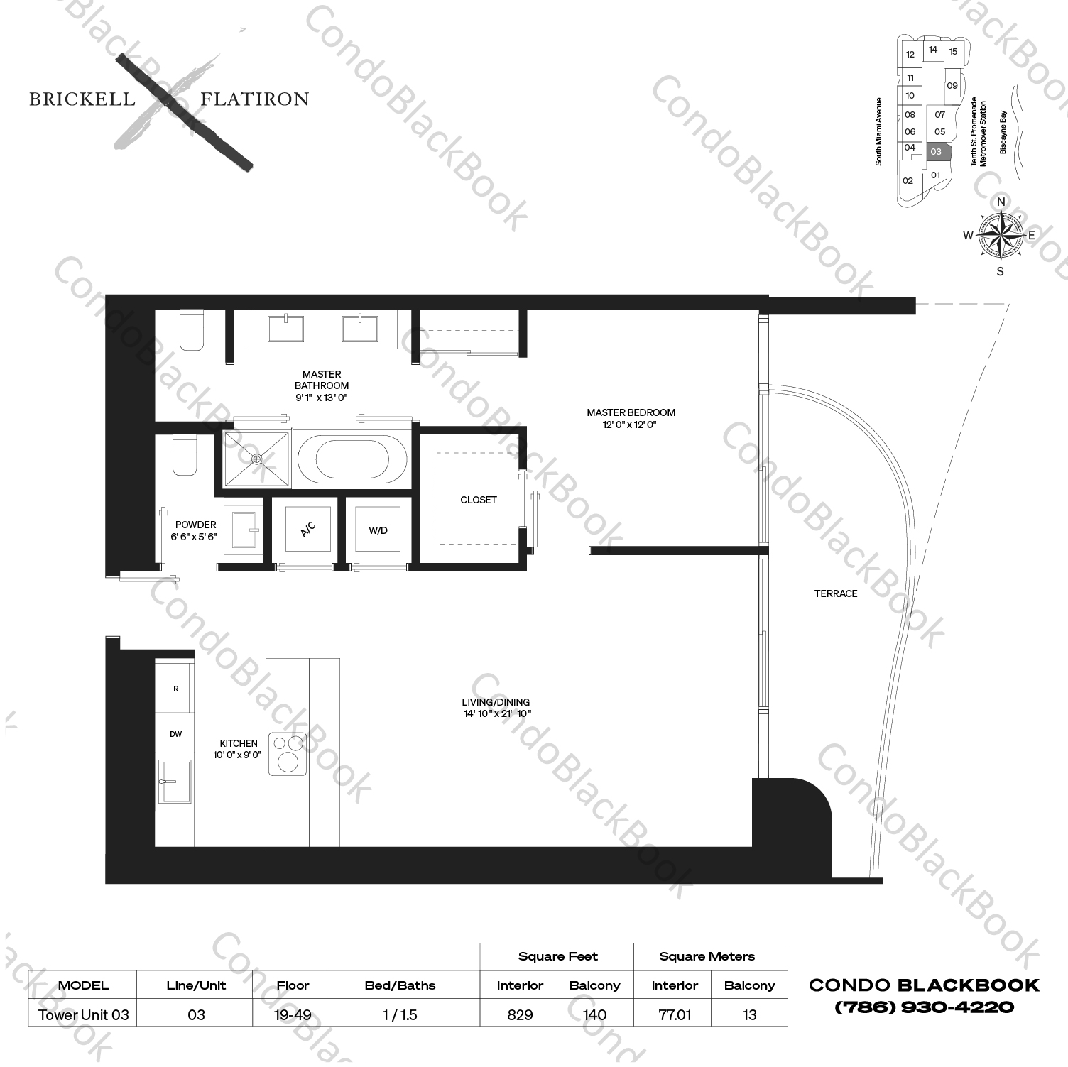 Floor plan for Brickell Flatiron Brickell Miami, model Tower Unit 03, line 03, 1 / 1.5 bedrooms, 829 sq ft