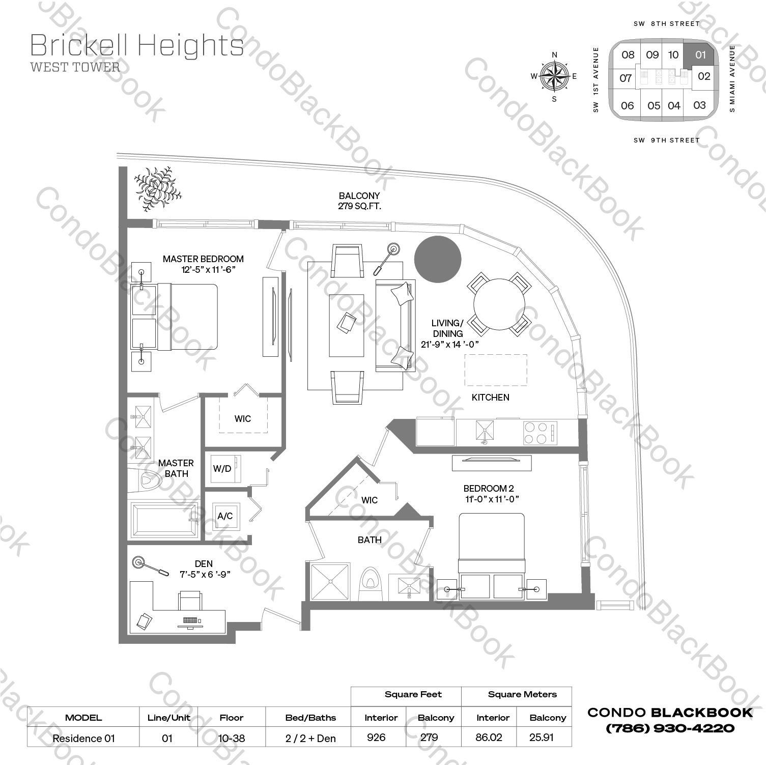 Floor plan for Brickell Heights West Tower Brickell Miami, model Residence 01, line 01, 2 / 2 + Den bedrooms, 926 sq ft
