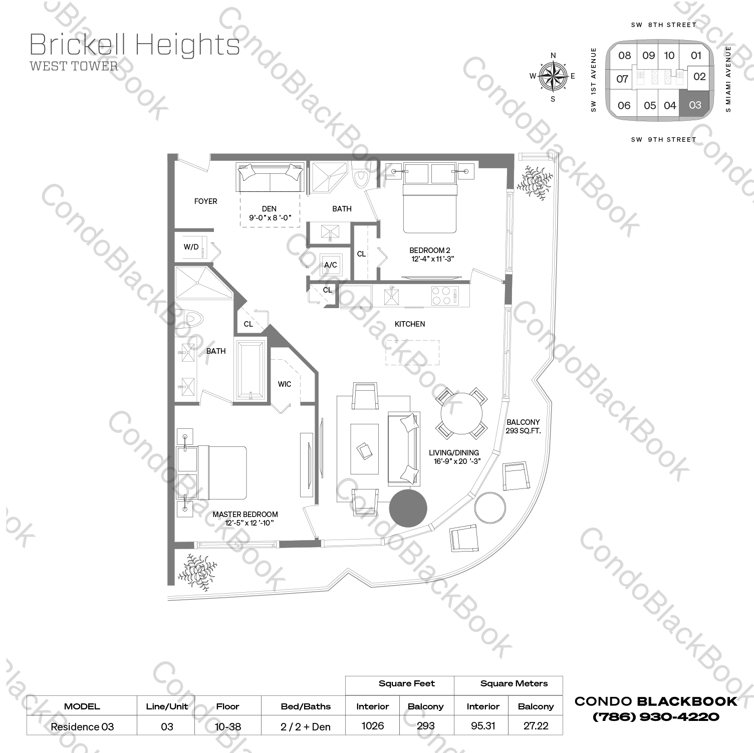 Floor plan for Brickell Heights West Tower Brickell Miami, model Residence 03, line 03, 2 / 2 + Den bedrooms, 1026 sq ft
