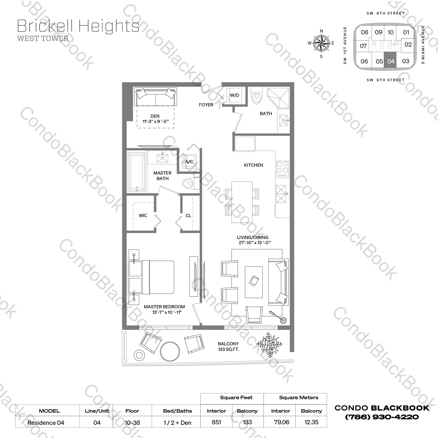 Floor plan for Brickell Heights West Tower Brickell Miami, model Residence 04, line 04, 1 / 2 + Den bedrooms, 851 sq ft