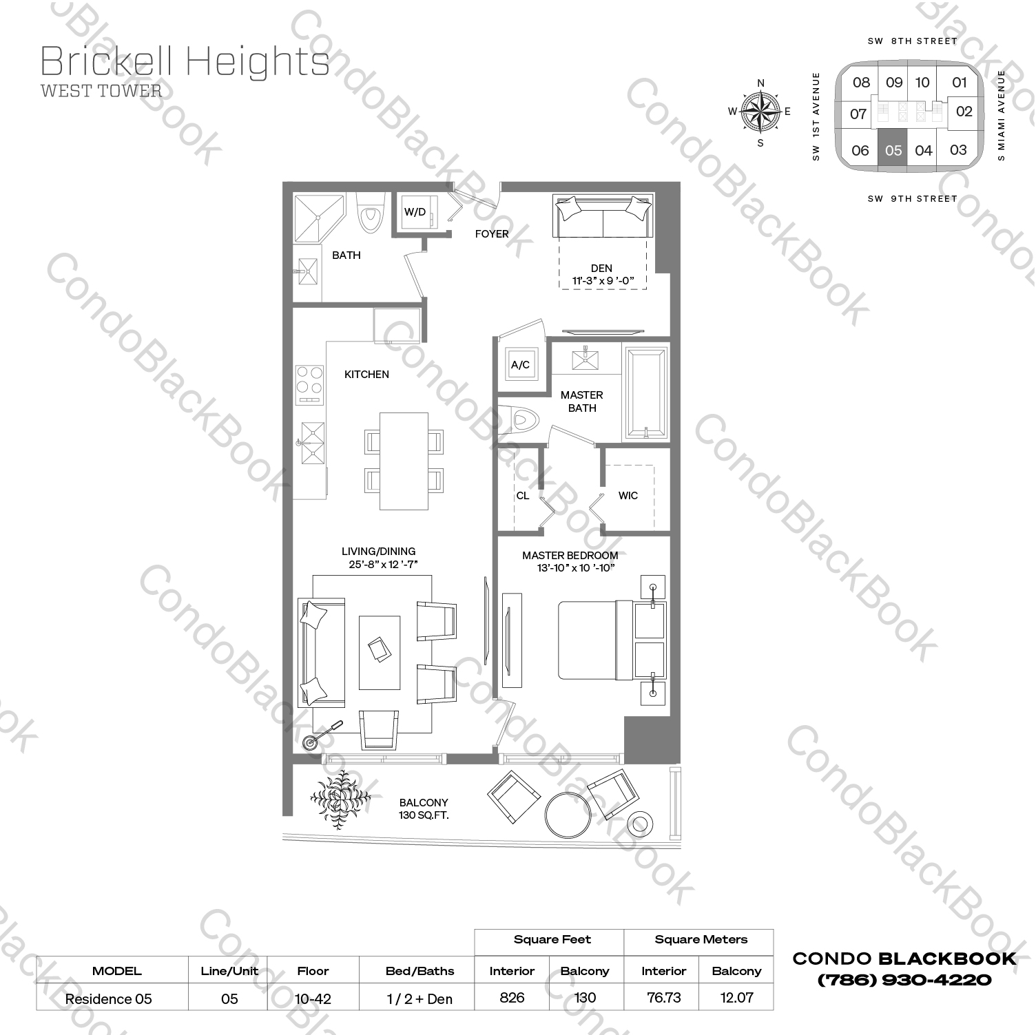 Floor plan for Brickell Heights West Tower Brickell Miami, model Residence 05, line 05, 1 / 2 + Den bedrooms, 826 sq ft
