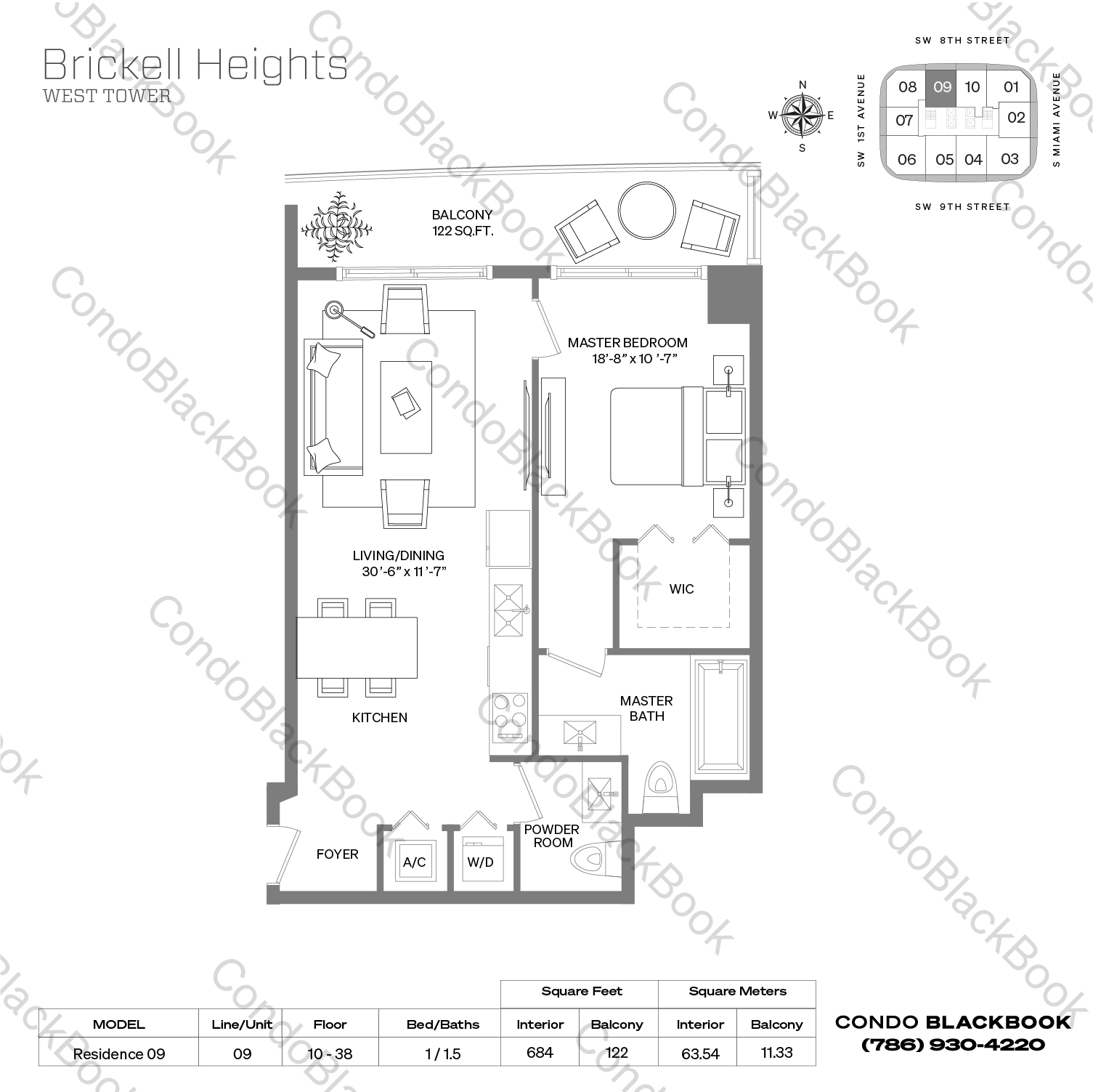 Floor plan for Brickell Heights West Tower Brickell Miami, model Residence 09, line 09, 1 / 1.5 bedrooms, 684 sq ft