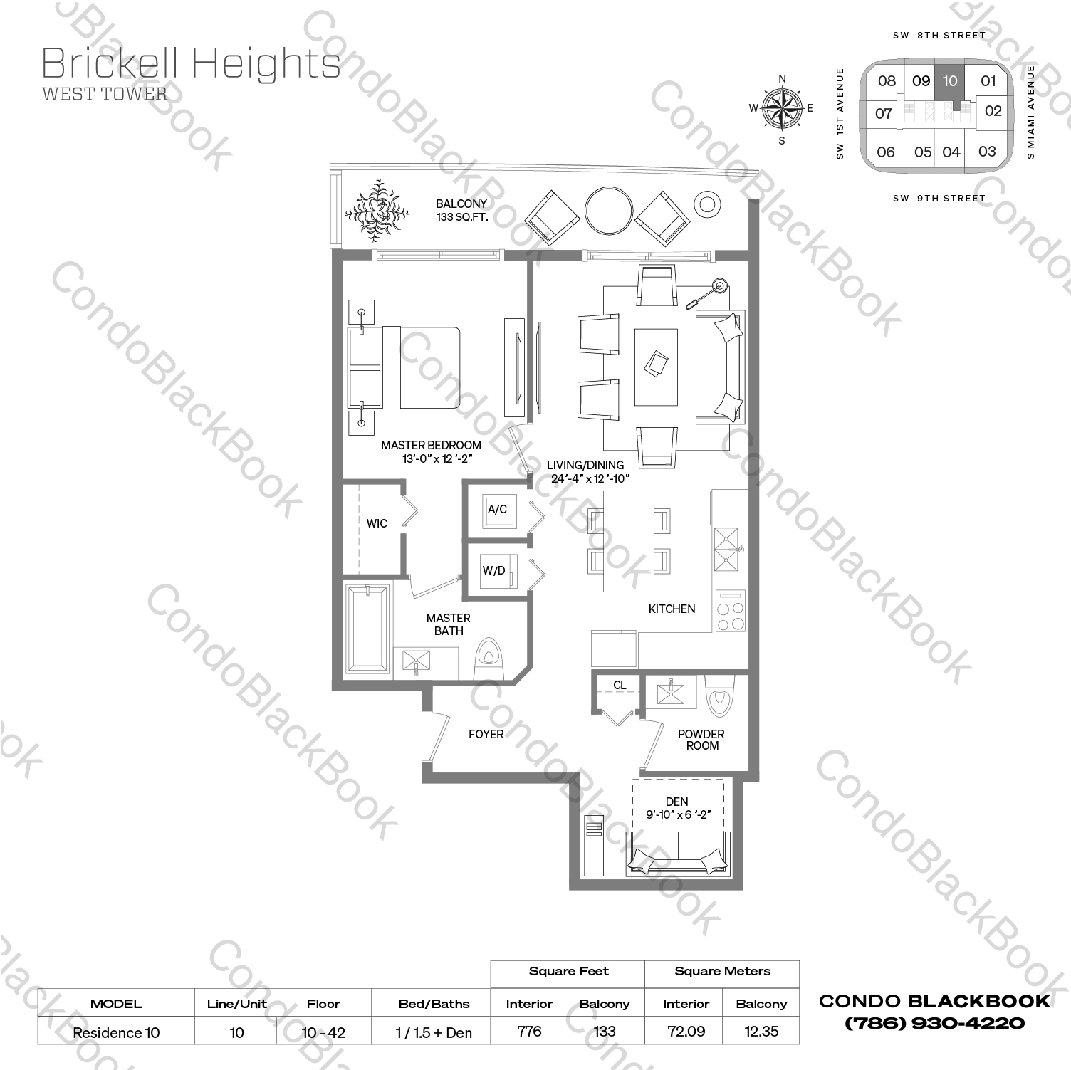 Floor plan for Brickell Heights West Tower Brickell Miami, model Residence 10, line 10, 1 / 1.5 + Den bedrooms, 776 sq ft