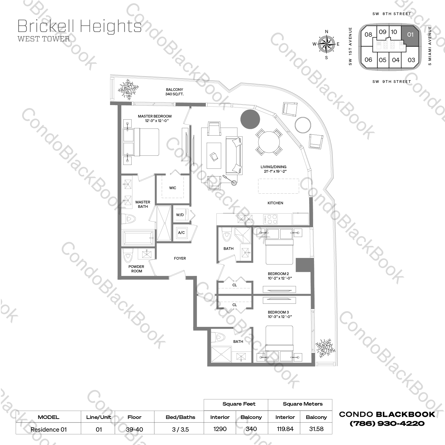 Floor plan for Brickell Heights West Tower Brickell Miami, model Residence 01, line 01, 3 / 3.5 bedrooms, 1290 sq ft