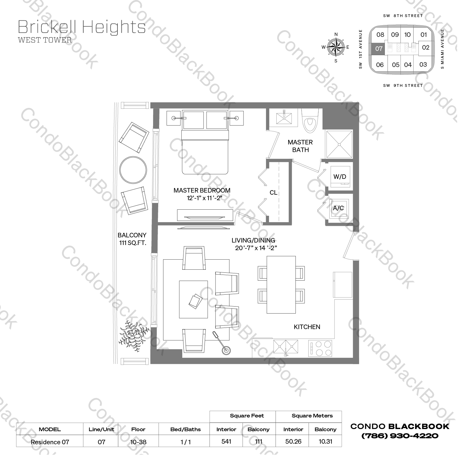 Floor plan for Brickell Heights West Tower Brickell Miami, model Residence 07, line 07, 1 / 1 bedrooms, 541 sq ft
