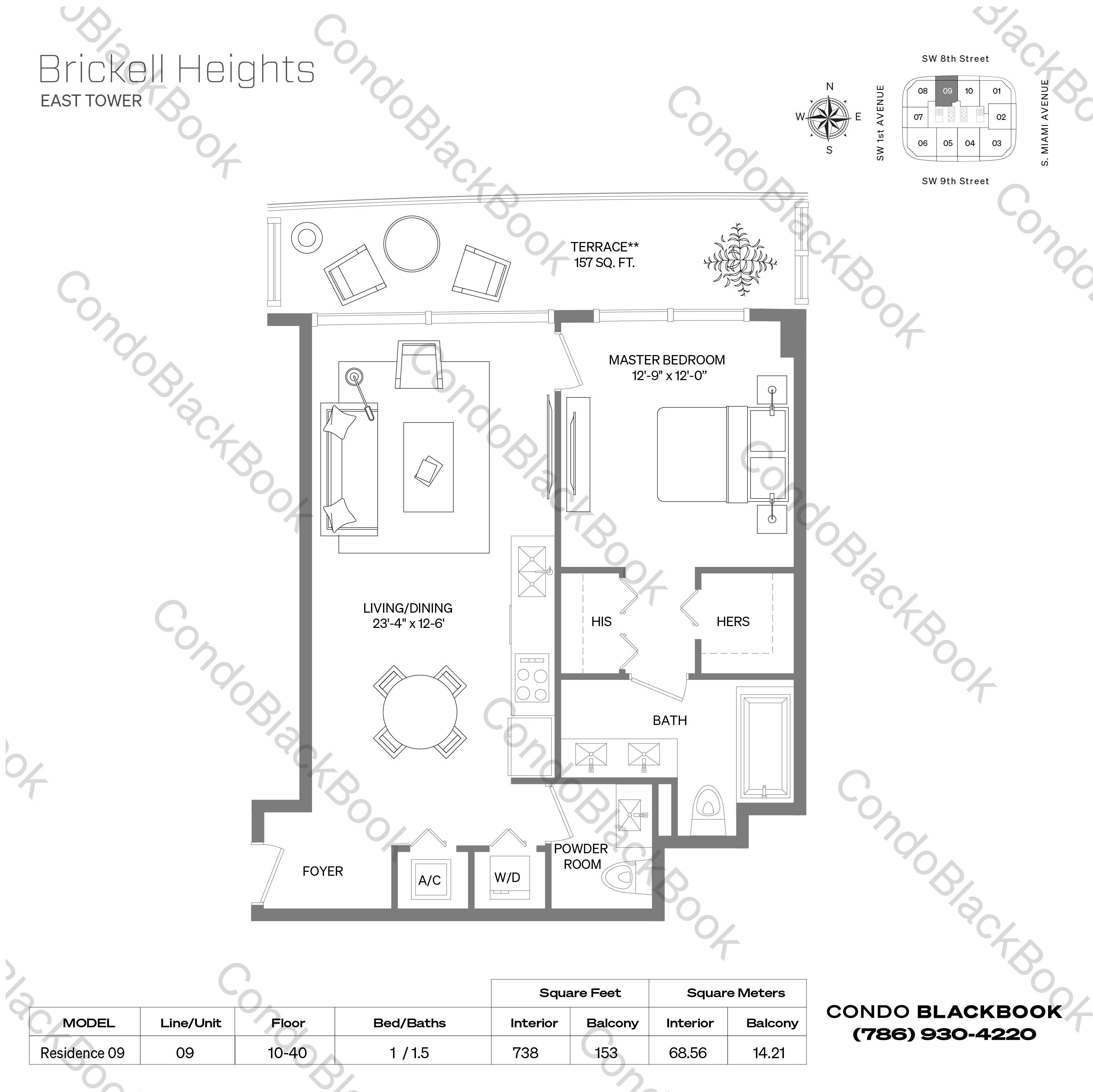 Floor plan for Brickell Heights East Tower Brickell Miami, model Residence 10, line 10, 1 / 1.5 + Den bedrooms, 756 sq ft