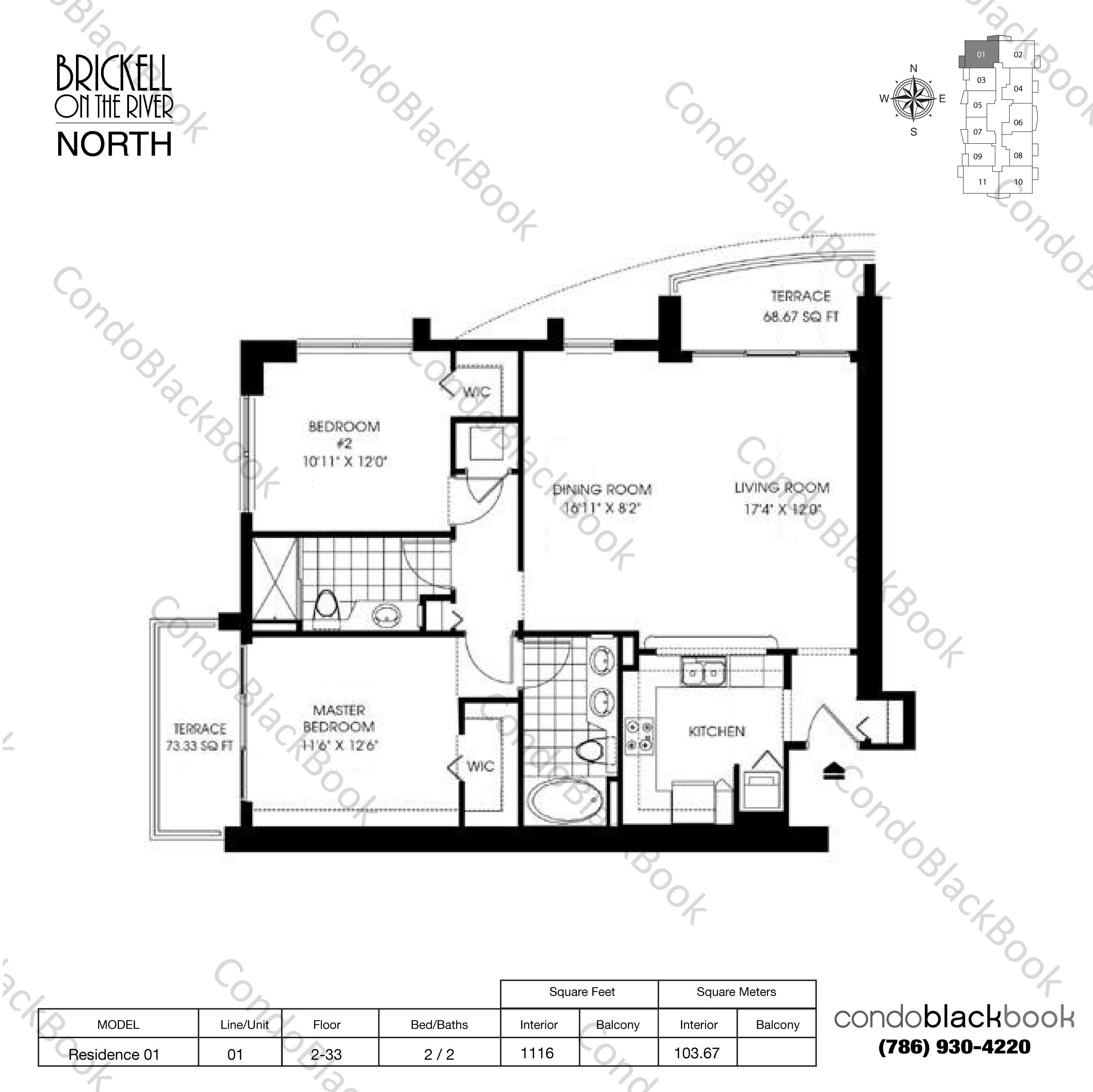 Floor plan for Brickell on the River North Brickell Miami, model Residence 01, line 01, 2 / 2 bedrooms, 1116 sq ft