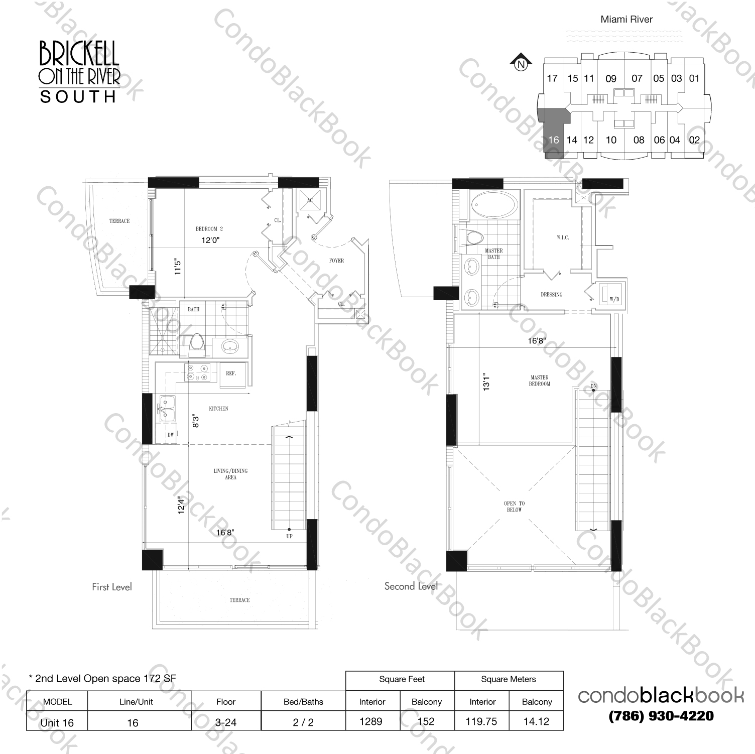 Floor plan for Brickell on the River South Brickell Miami, model Unit 16, line 16 , 2 / 2 bedrooms, 1289 sq ft
