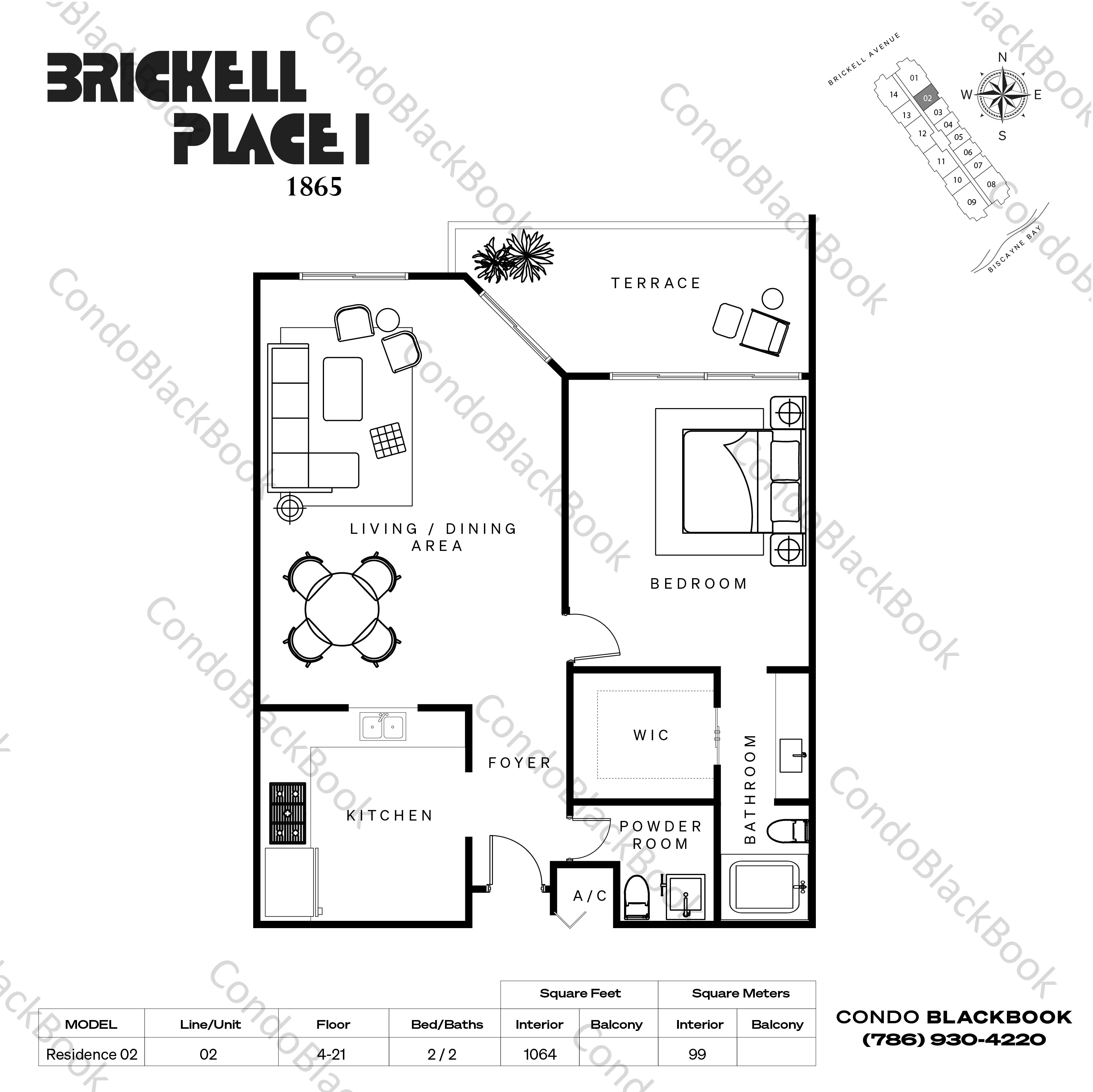 Floor plan for Brickell Place A Brickell Miami, model Residence 02, line 02, 2 / 2 bedrooms, 1064 sq ft