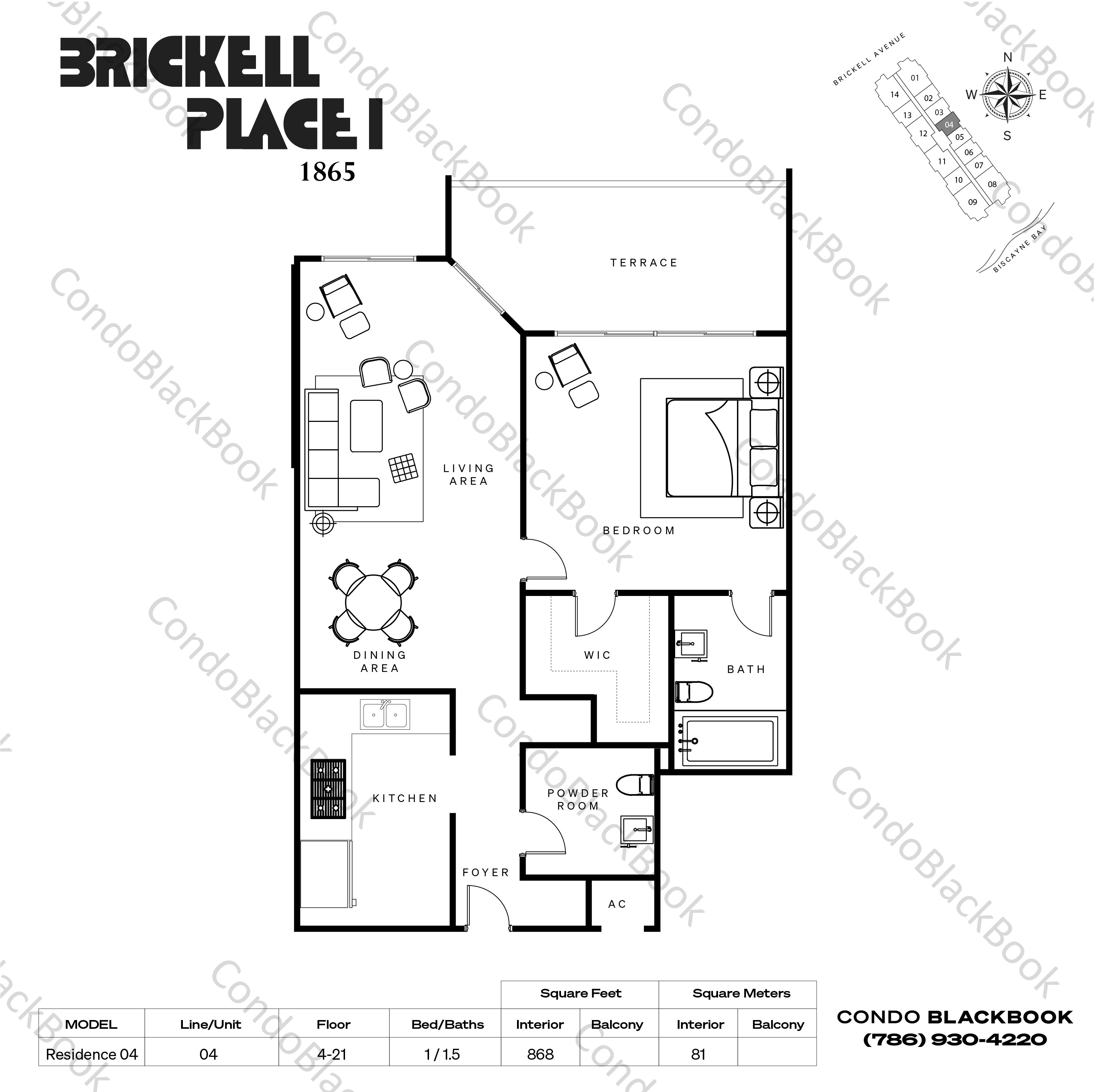 Floor plan for Brickell Place A Brickell Miami, model Residence 04, line 04, 1 / 1.5 bedrooms, 868 sq ft