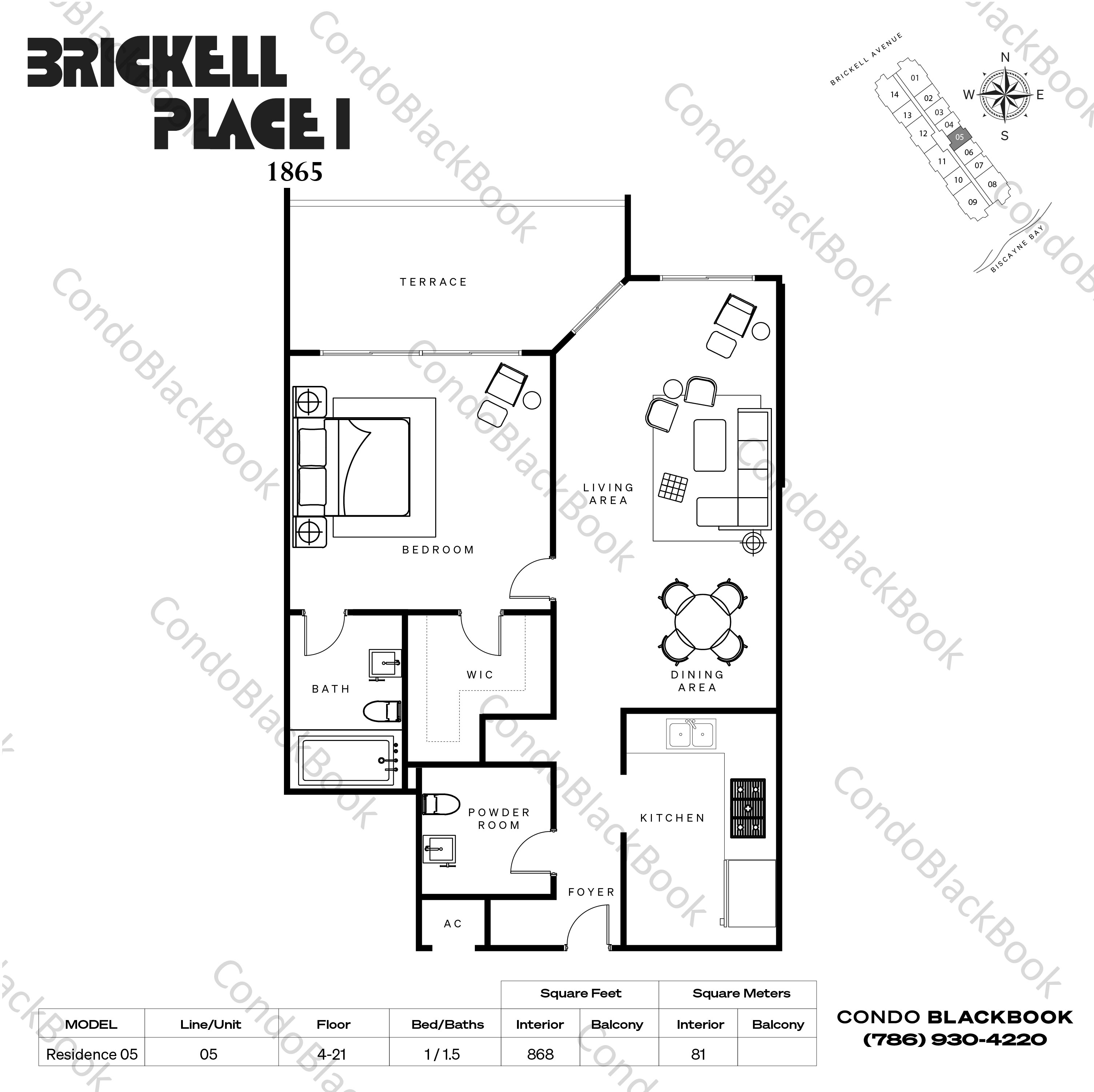 Floor plan for Brickell Place A Brickell Miami, model Residence 05, line 05, 1 / 1.5 bedrooms, 868 sq ft