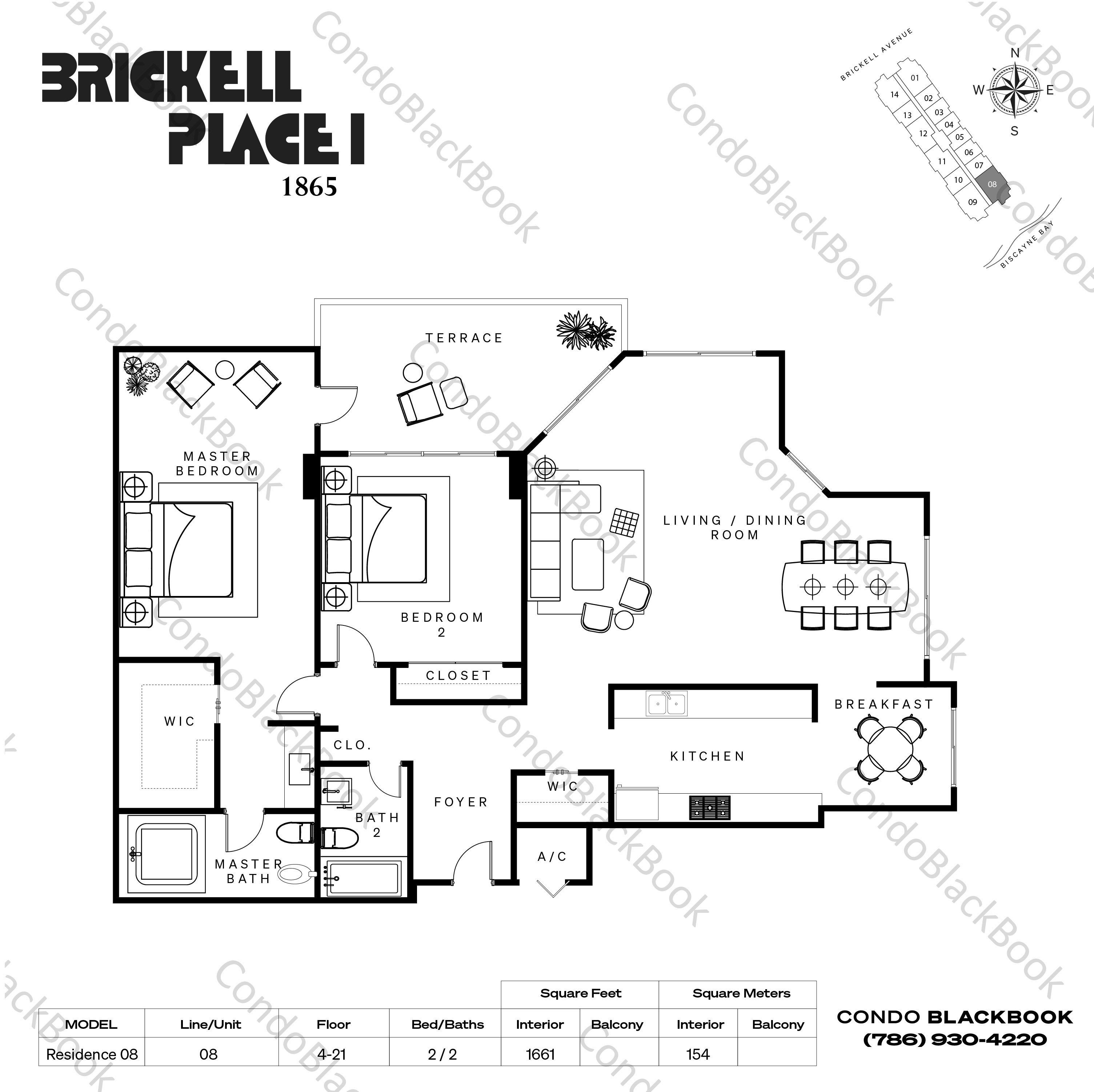 Floor plan for Brickell Place A Brickell Miami, model Residence 08, line 08, 2 / 2 bedrooms, 1661 sq ft