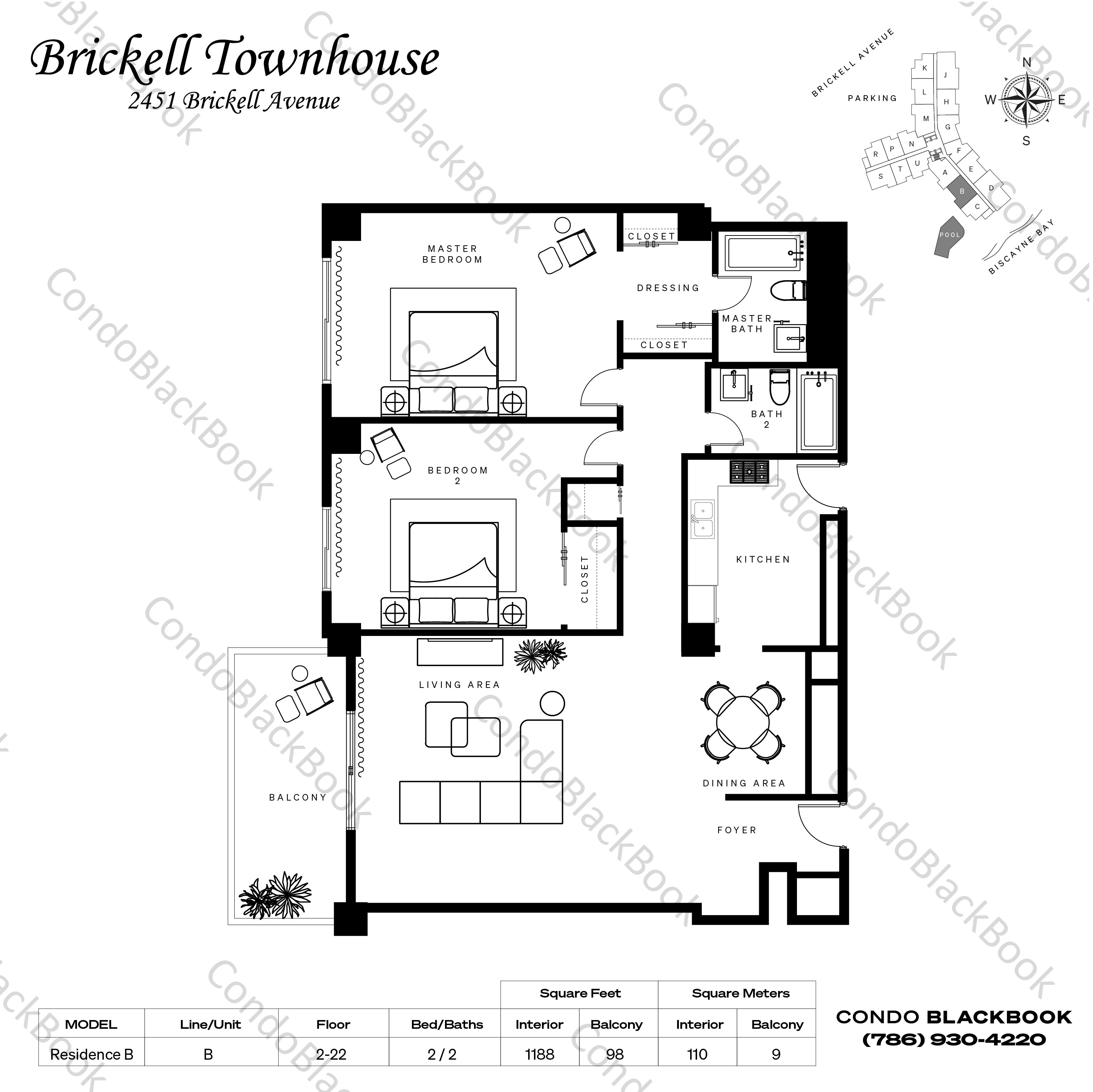 Floor plan for Brickell Townhouse Brickell Miami, model Residence B, line B, 2 / 2 bedrooms, 1188 sq ft