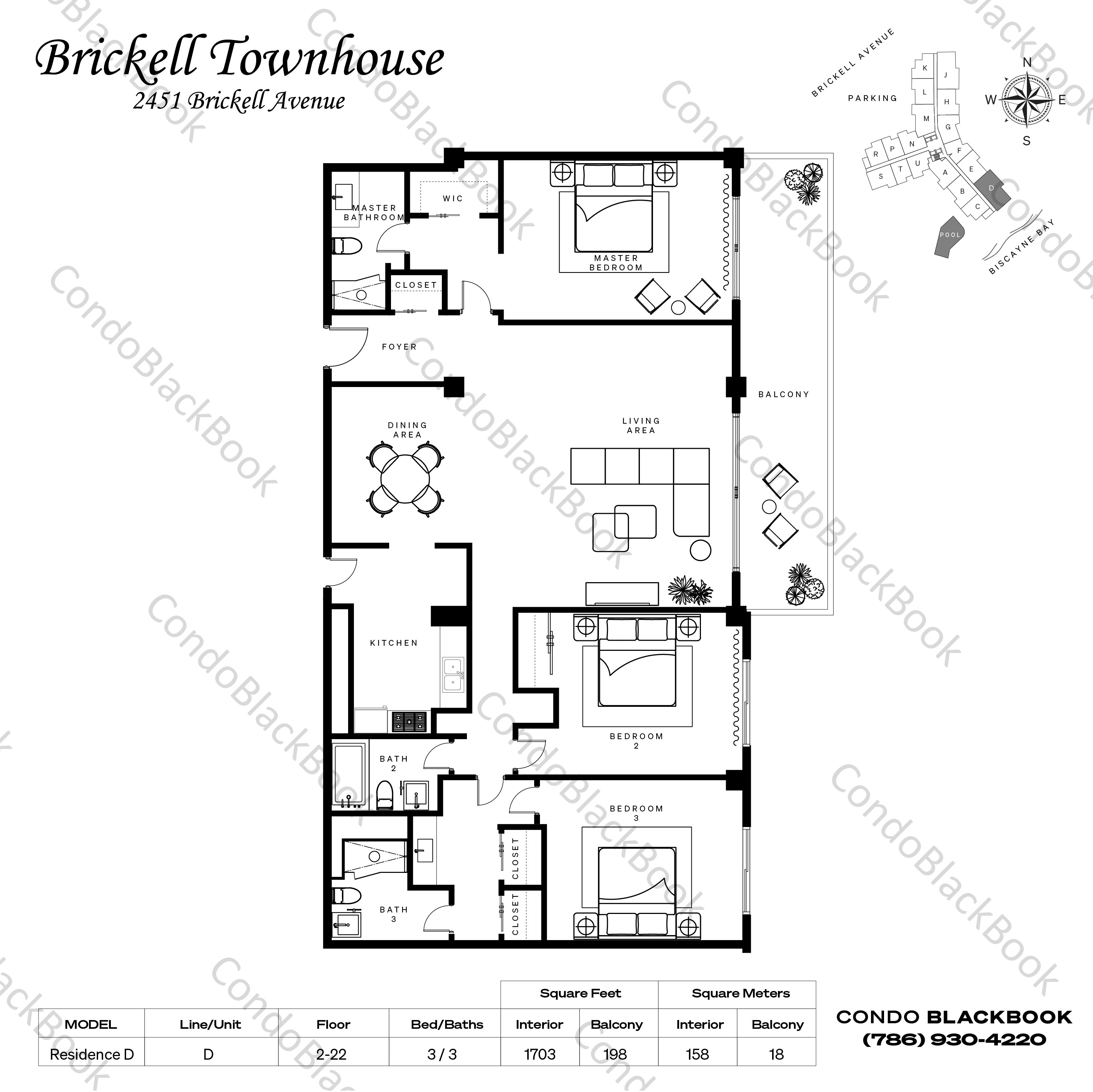 Floor plan for Brickell Townhouse Brickell Miami, model Residence D, line D, 3 / 3 bedrooms, 1703 sq ft