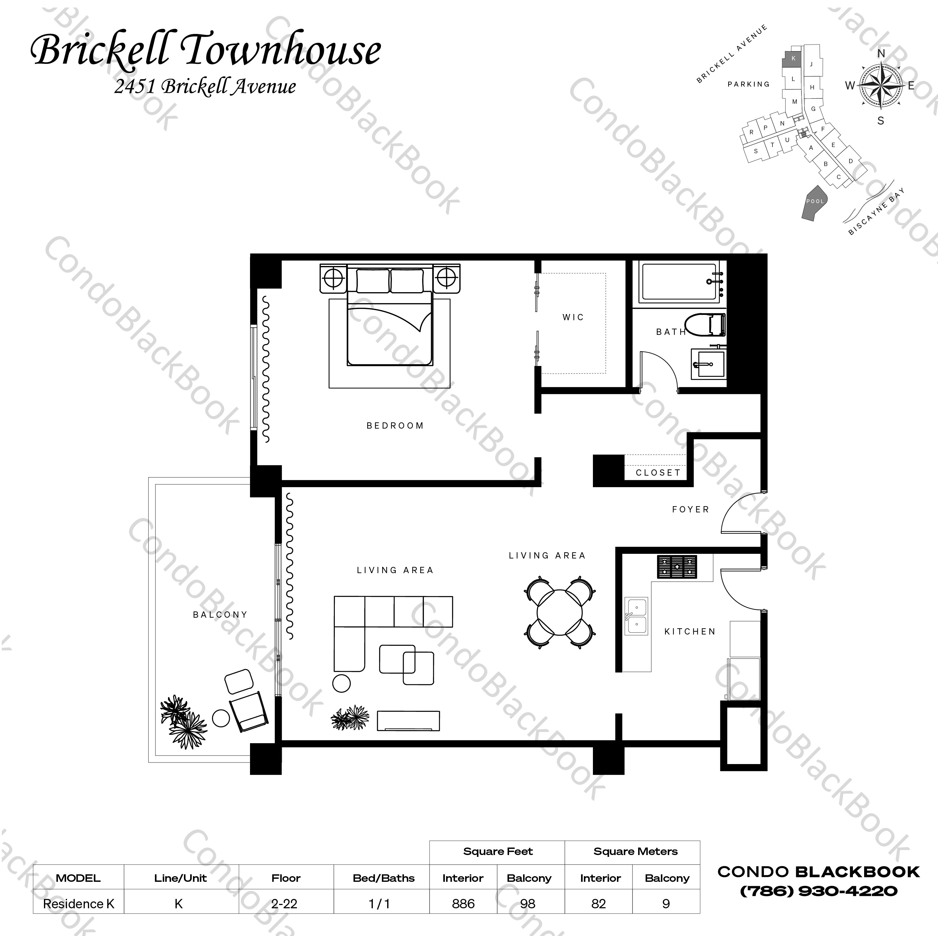 Floor plan for Brickell Townhouse Brickell Miami, model Residence K, line K, 1 / 1 bedrooms, 886 sq ft