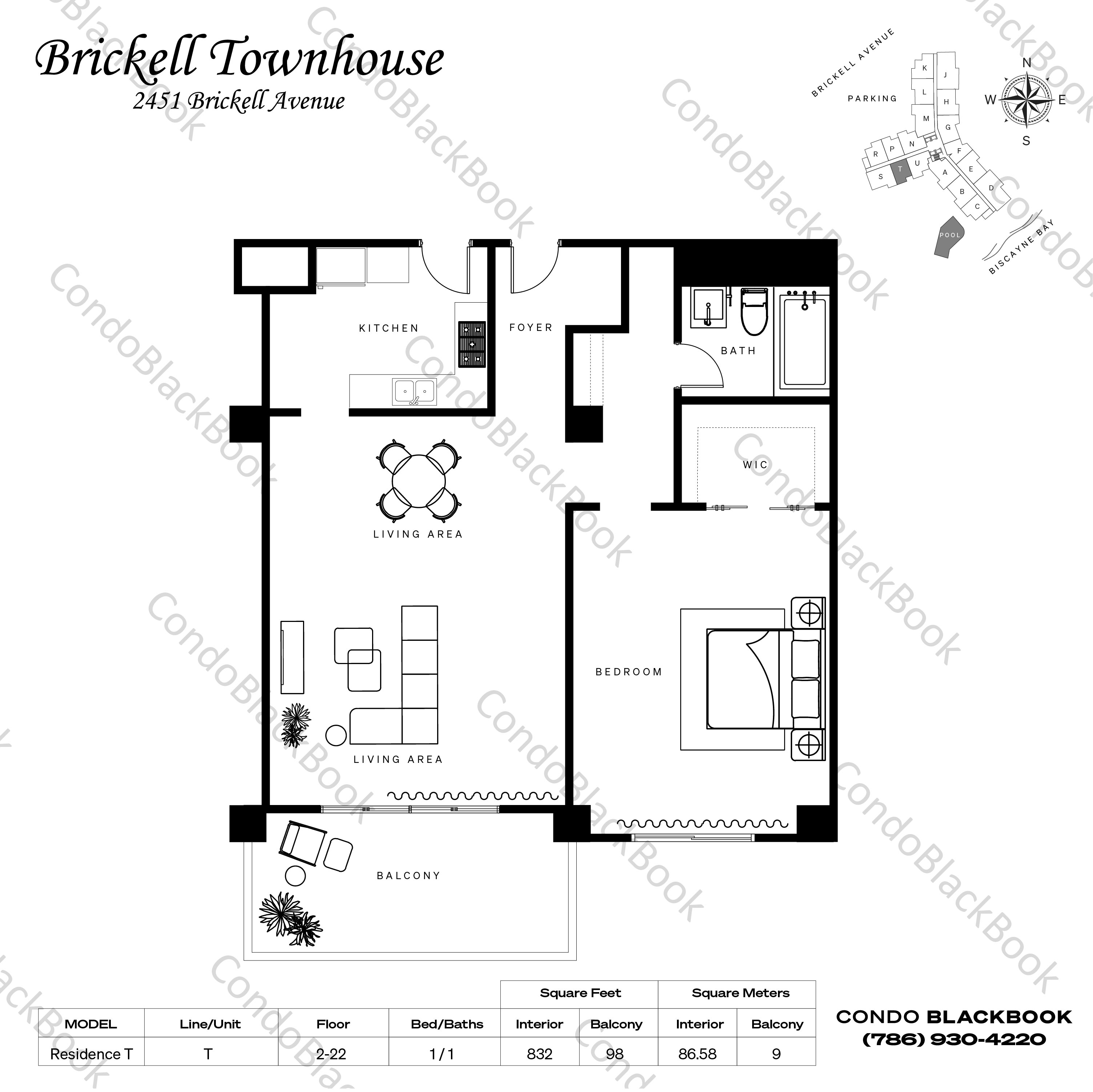 Floor plan for Brickell Townhouse Brickell Miami, model Residence T, line T, 1 / 1 bedrooms, 832 sq ft