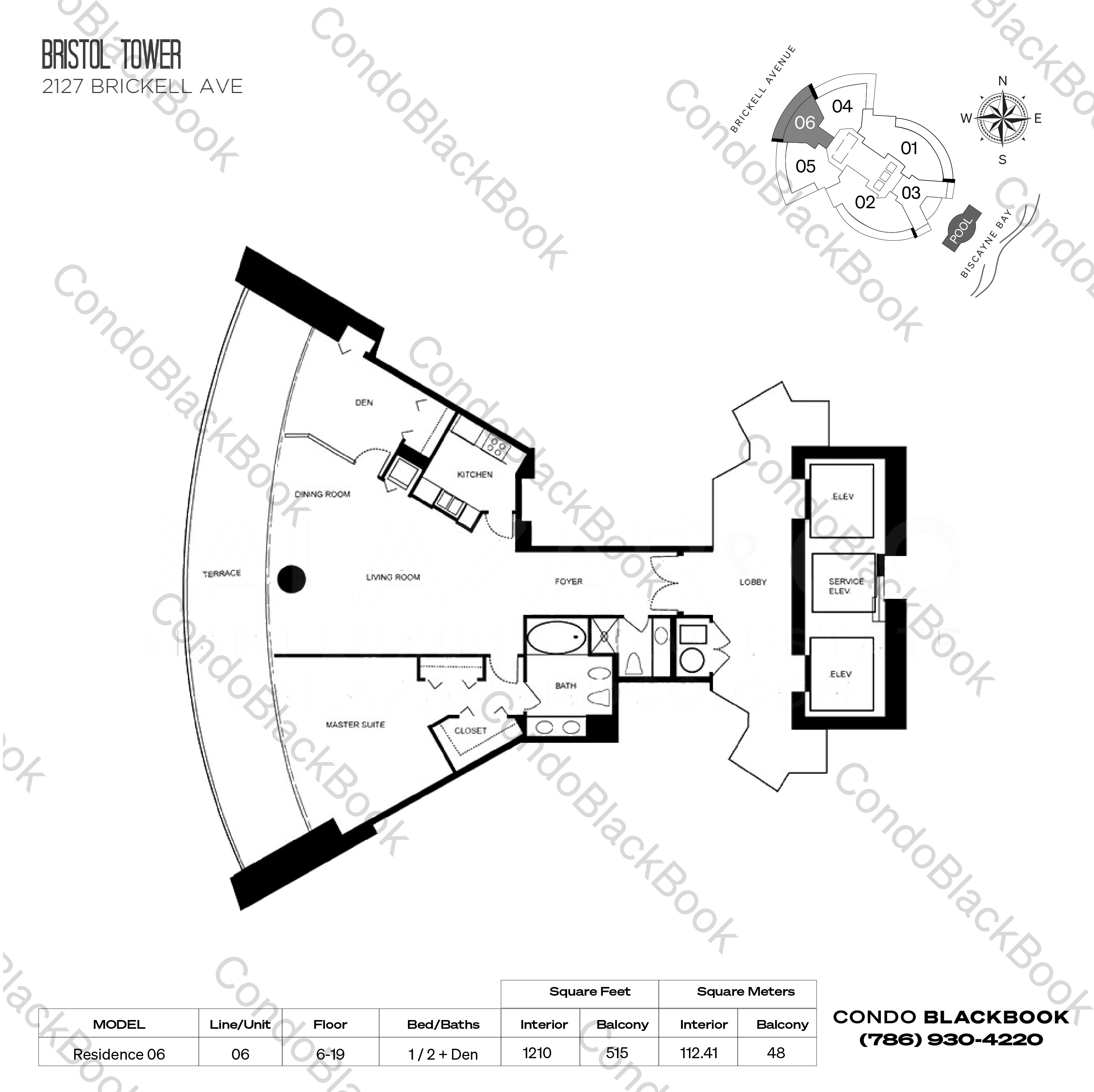 Floor plan for Bristol Tower Condominium Brickell Miami, model Residence 06, line 06, 1 / 2 + Den bedrooms, 1210 sq ft