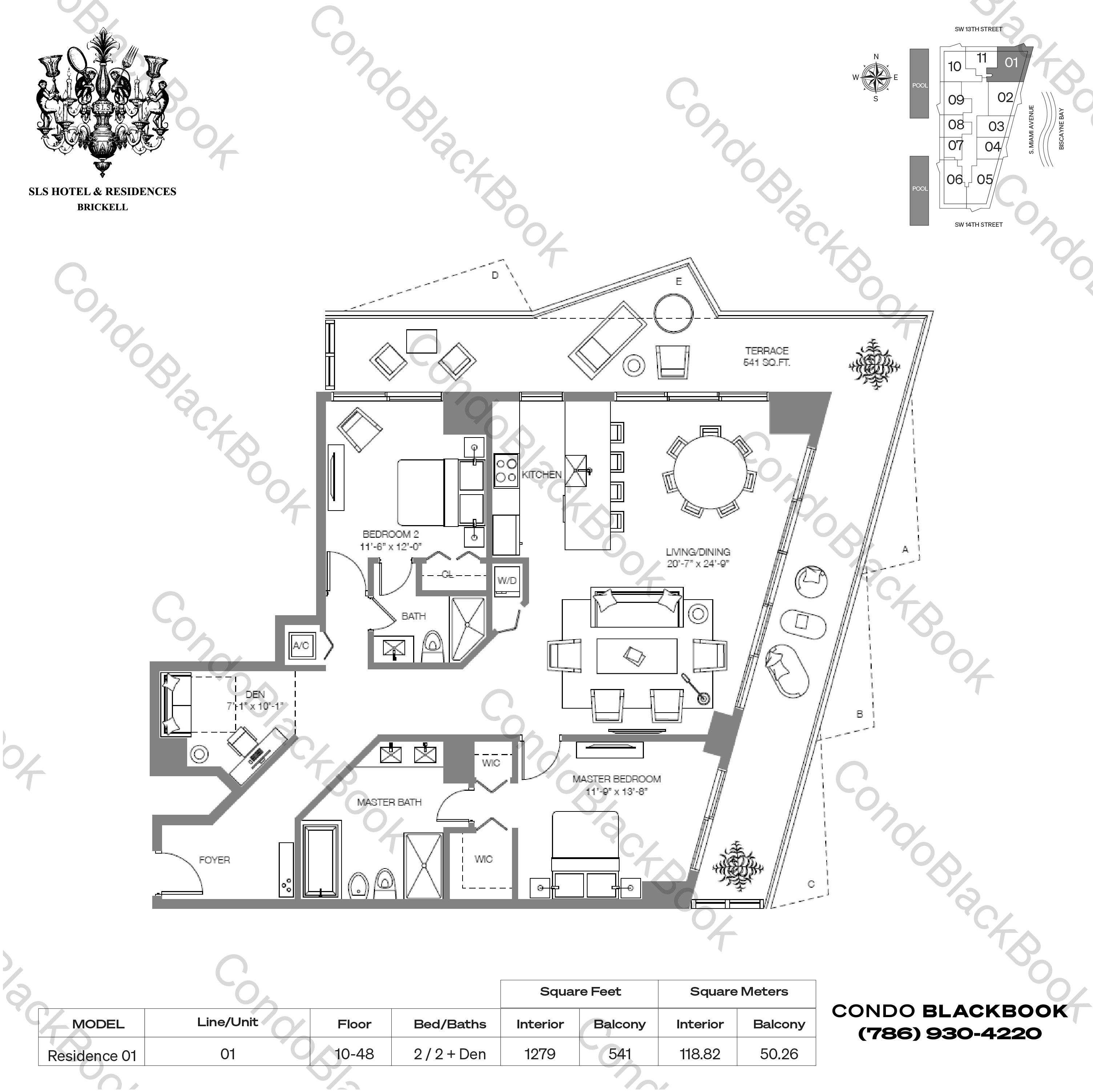 Floor plan for Dua Miami (SLS Hotel and Residences) Brickell Miami, model Residence 01, line 01, 2 / 2 + Den bedrooms, 1279 sq ft