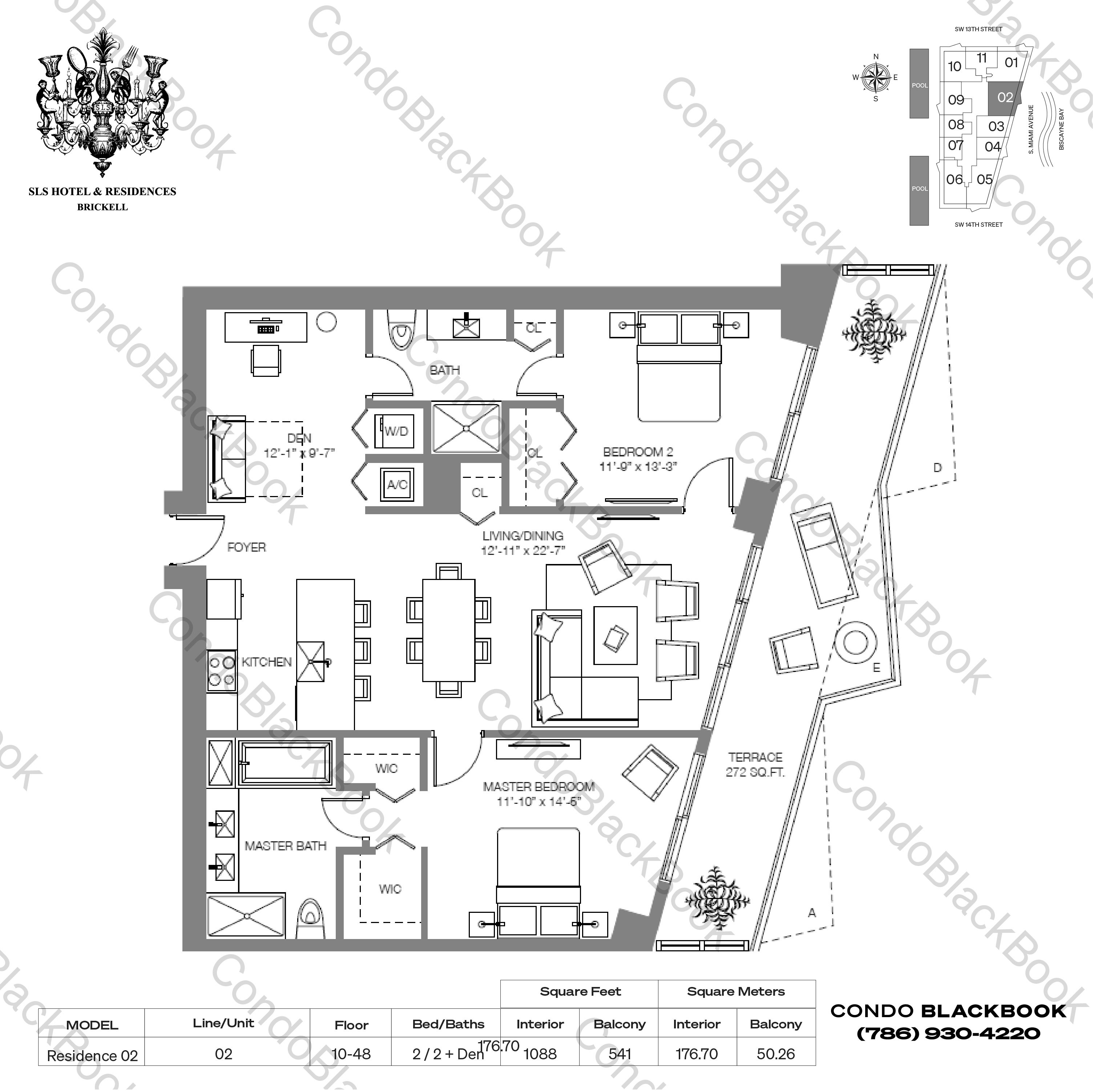 Floor plan for Dua Miami (SLS Hotel and Residences) Brickell Miami, model Residence 02, line 02, 2 / 2 + Den bedrooms, 1088 sq ft