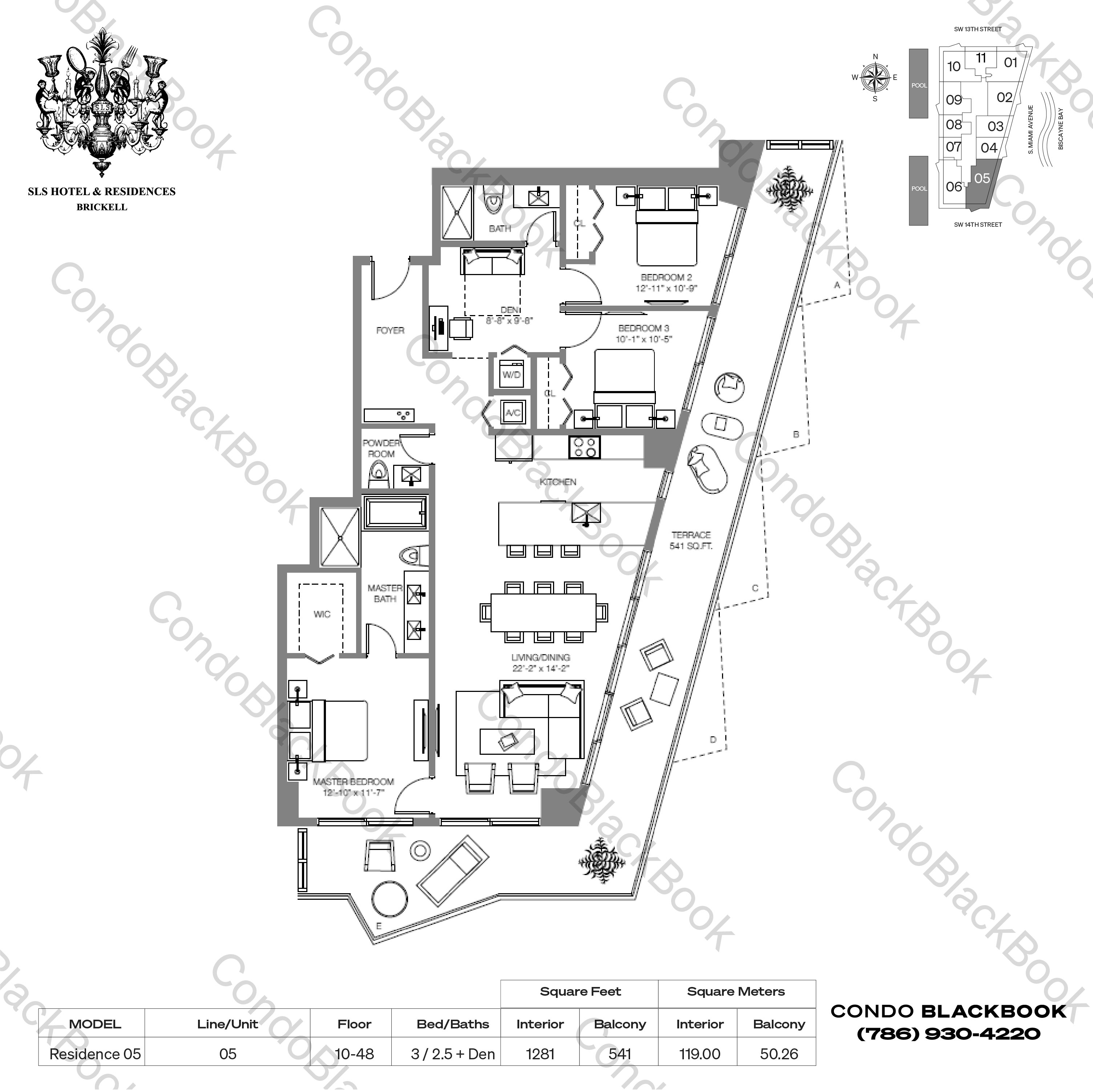 Floor plan for Dua Miami (SLS Hotel and Residences) Brickell Miami, model Residence 05, line 05, 3 / 2.5 + Den bedrooms, 1281 sq ft