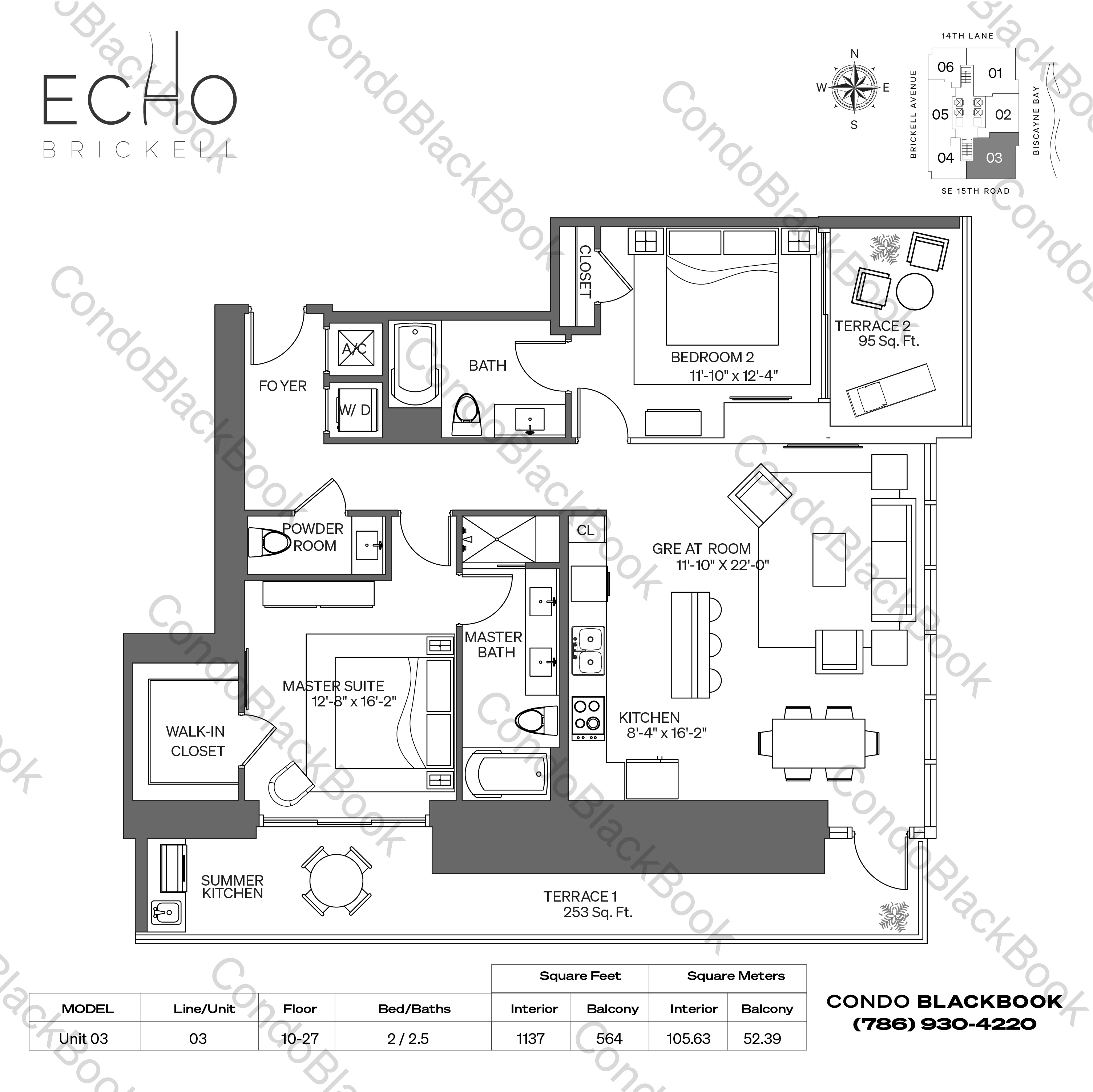 Floor plan for Echo Brickell Brickell Miami, model Unit 03, line 03, 2 / 2.5 bedrooms, 1137 sq ft