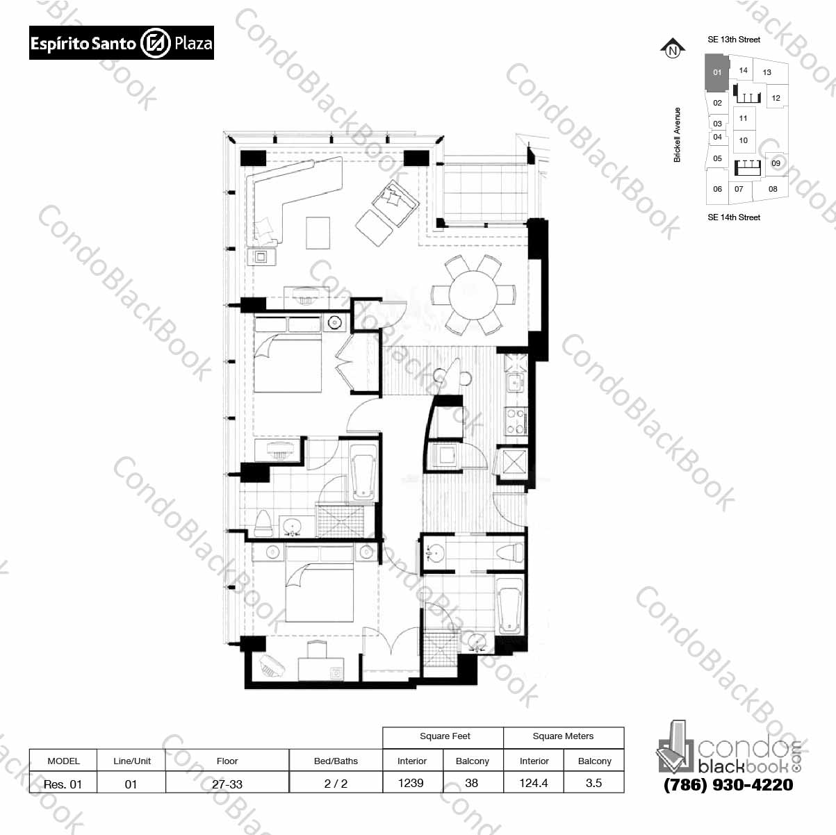 Floor plan for Mayfield AKA Hotel Brickell Miami, model Res. 01, line 01, 2 / 2 bedrooms, 1239 sq ft