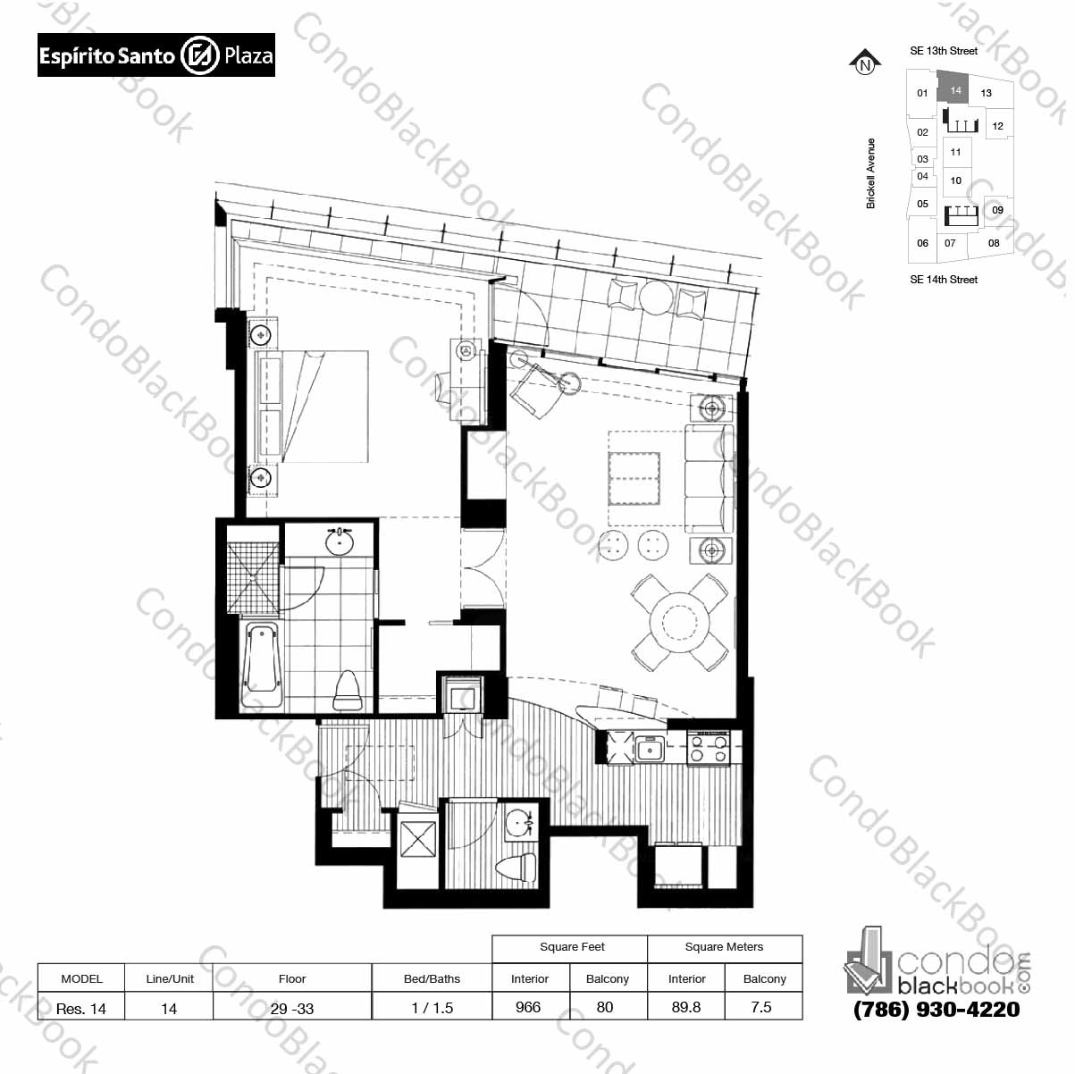 Floor plan for Mayfield AKA Hotel Brickell Miami, model Res.14, line 14, 1 / 1.5 bedrooms, 966 sq ft