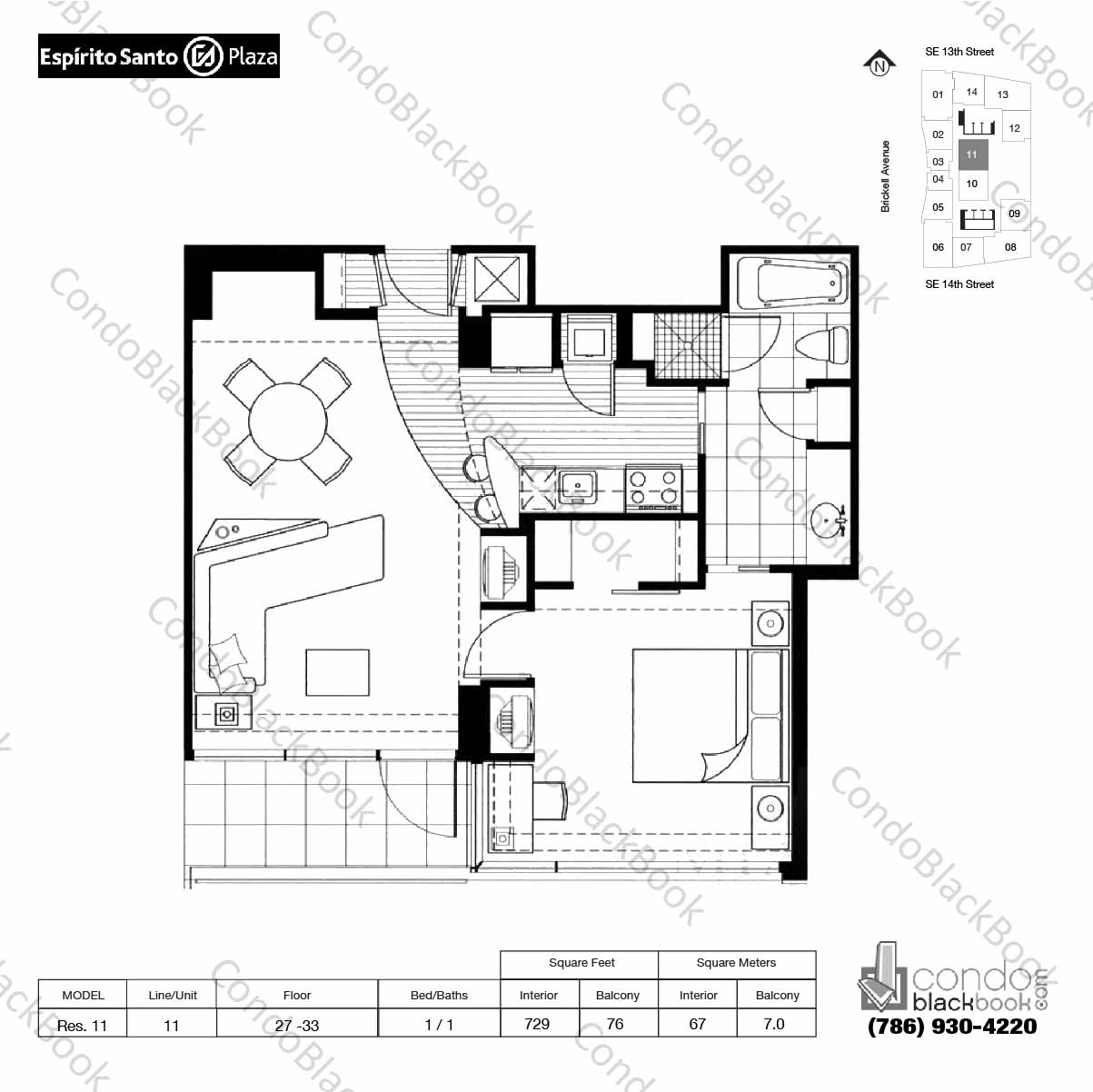 Floor plan for Mayfield AKA Hotel Brickell Miami, model Res. 11, line 11, 1 / 1 bedrooms, 729 sq ft