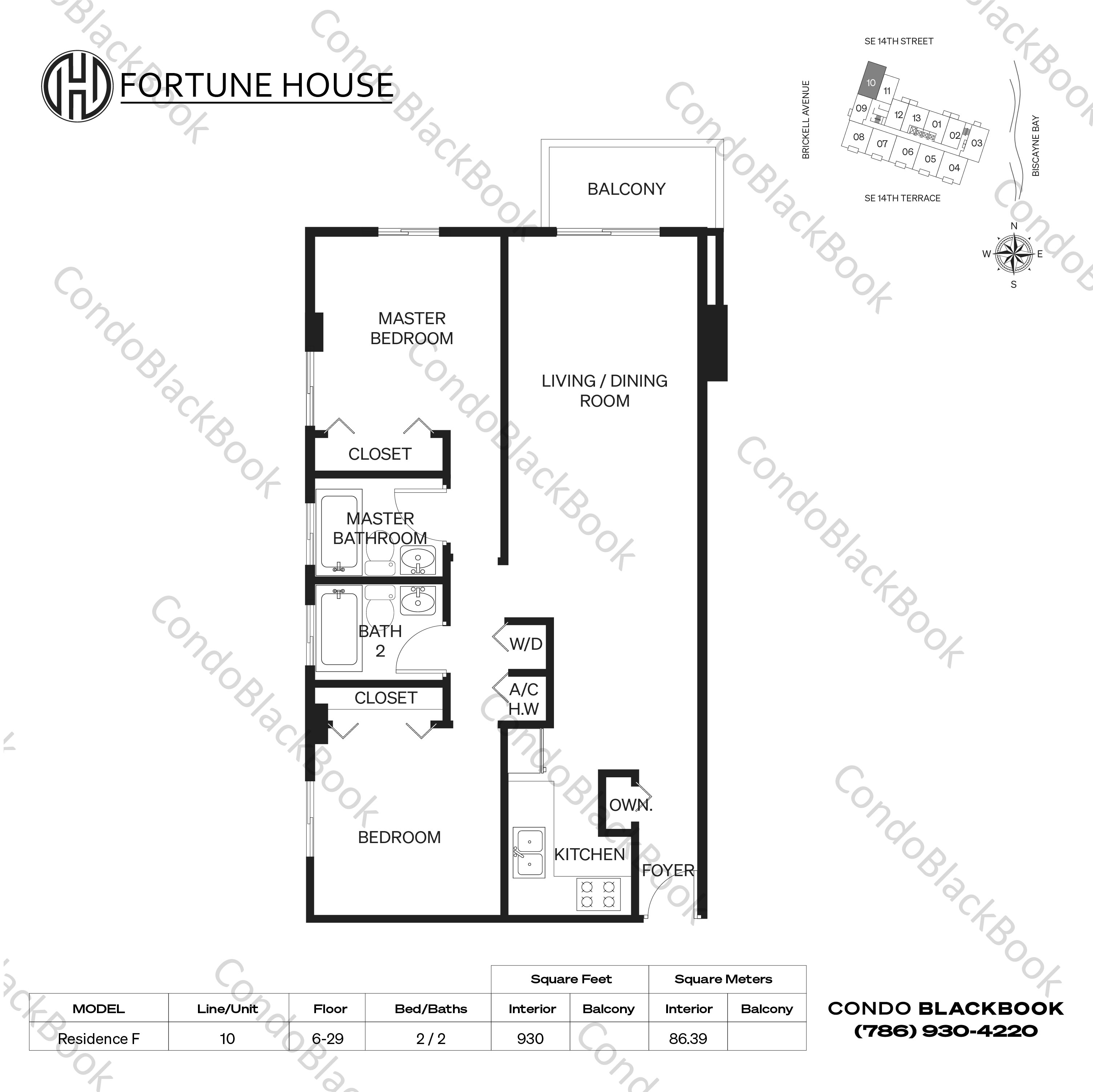 Floor plan for Fortune House Brickell Miami, model Residence F, line 10, 2 / 2 bedrooms, 930 sq ft