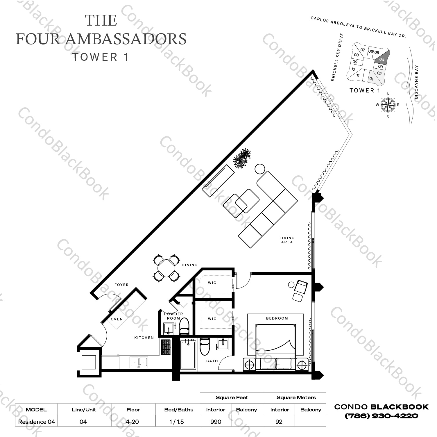 Floor plan for Four Ambassadors Brickell Miami, model Residence 04, line 04, 1 / 1.5 bedrooms, 990 sq ft