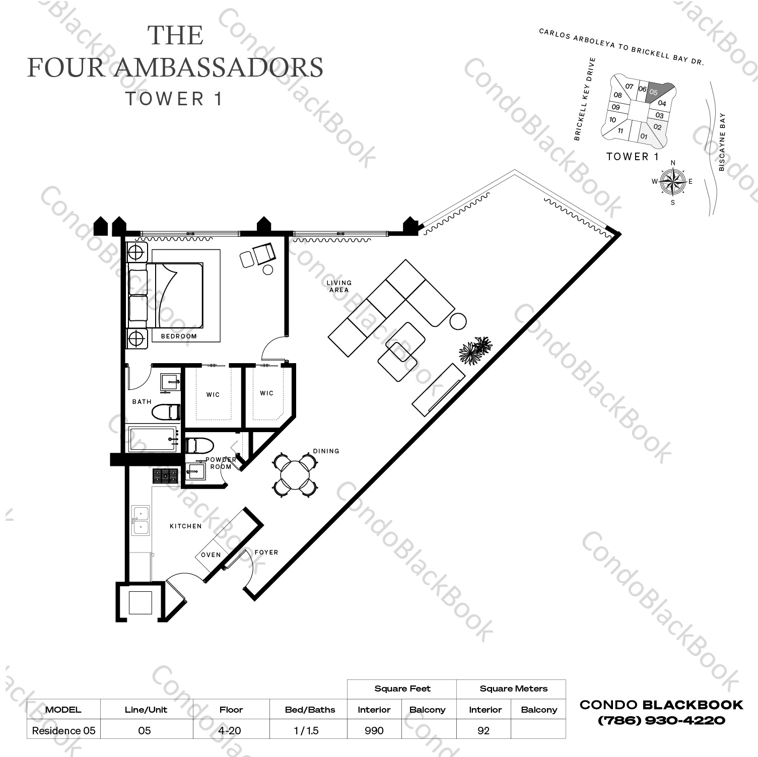 Floor plan for Four Ambassadors Brickell Miami, model Residence 05, line 05, 1 / 1.5 bedrooms, 990 sq ft