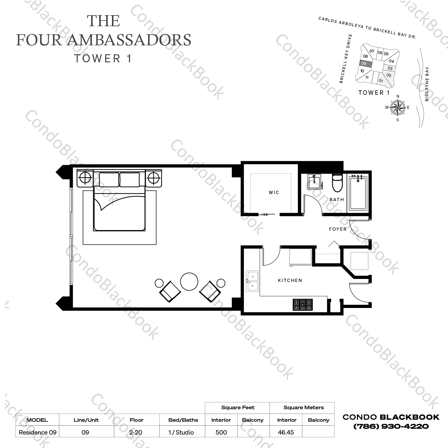 Floor plan for Four Ambassadors Brickell Miami, model Residence 09, line 09, 1 / Studio bedrooms, 500 sq ft