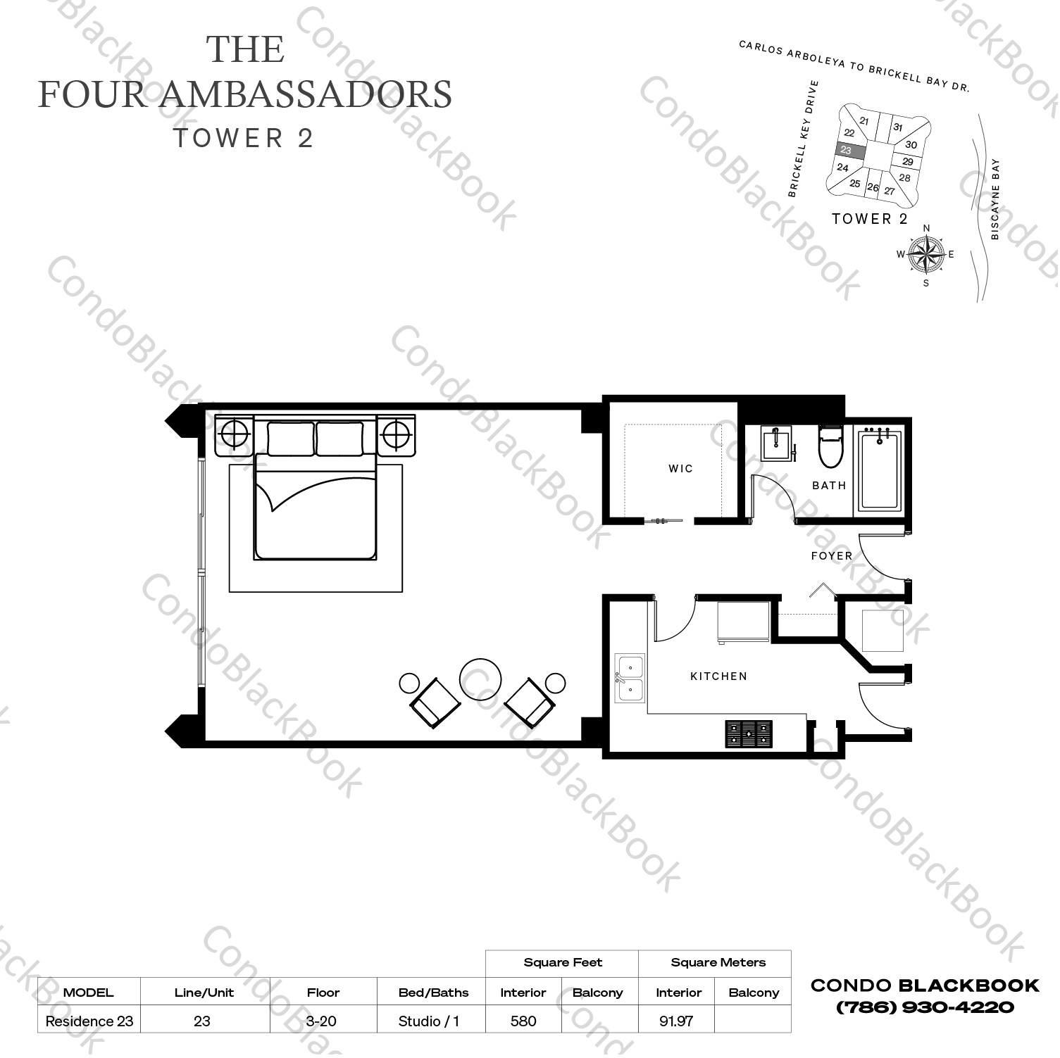 Floor plan for Four Ambassadors Brickell Miami, model Residence 23, line 23, Studio / 1 bedrooms, 580 sq ft