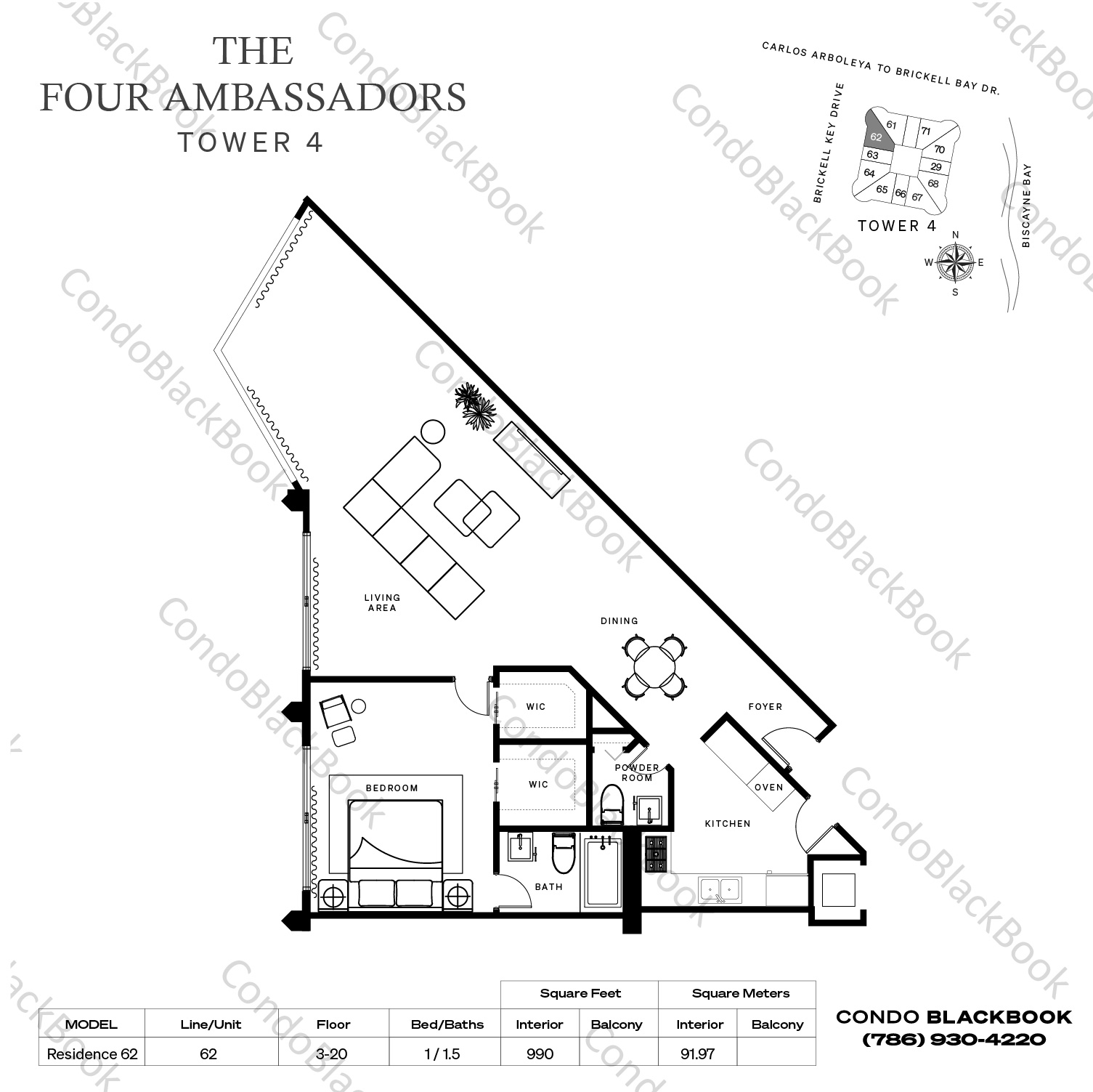 Floor plan for Four Ambassadors Brickell Miami, model Residence 62, line 62, 1 / 1.5 bedrooms, 990 sq ft