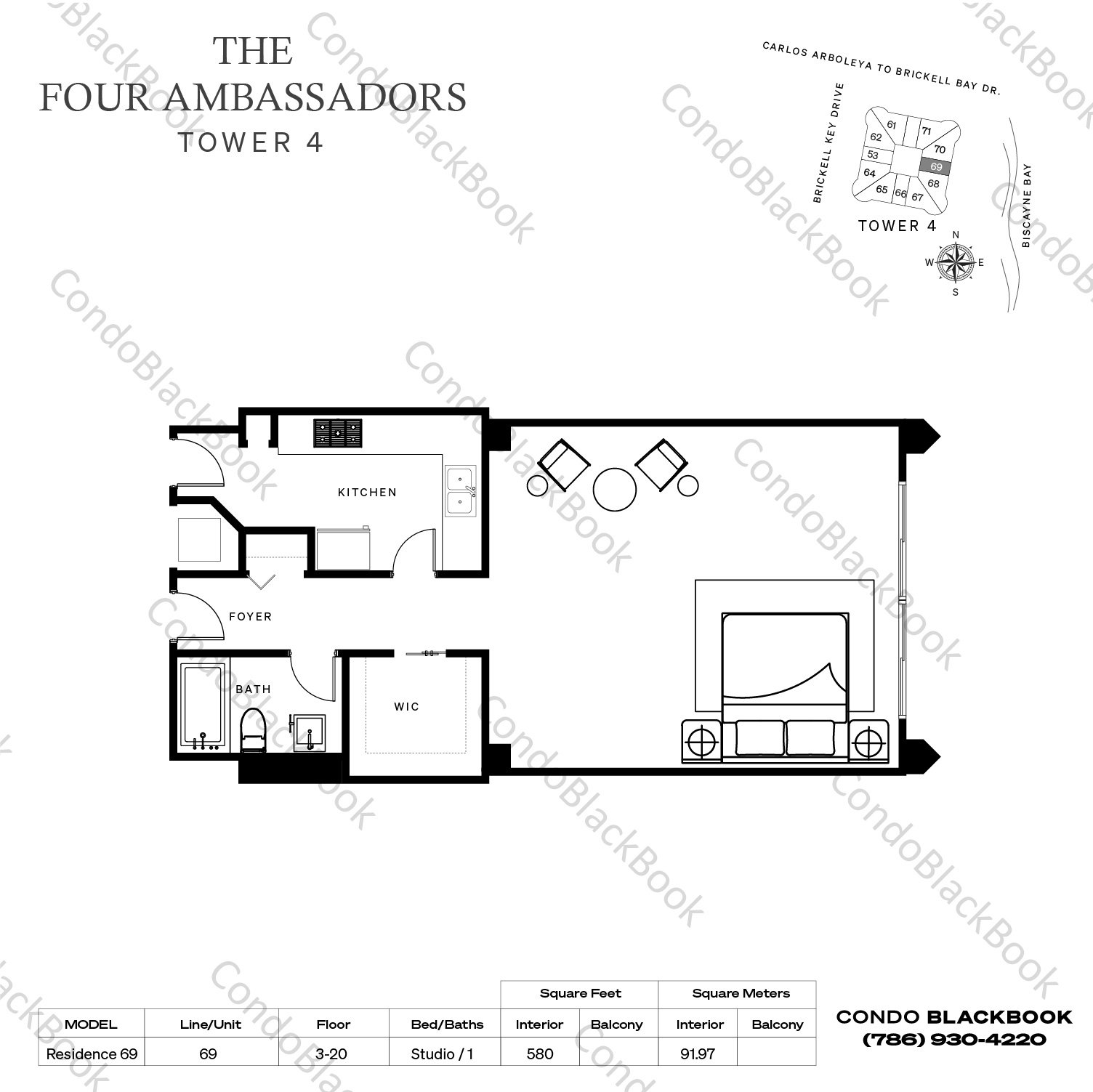 Floor plan for Four Ambassadors Brickell Miami, model Residence 69, line 69, Studio / 1 bedrooms, 580 sq ft