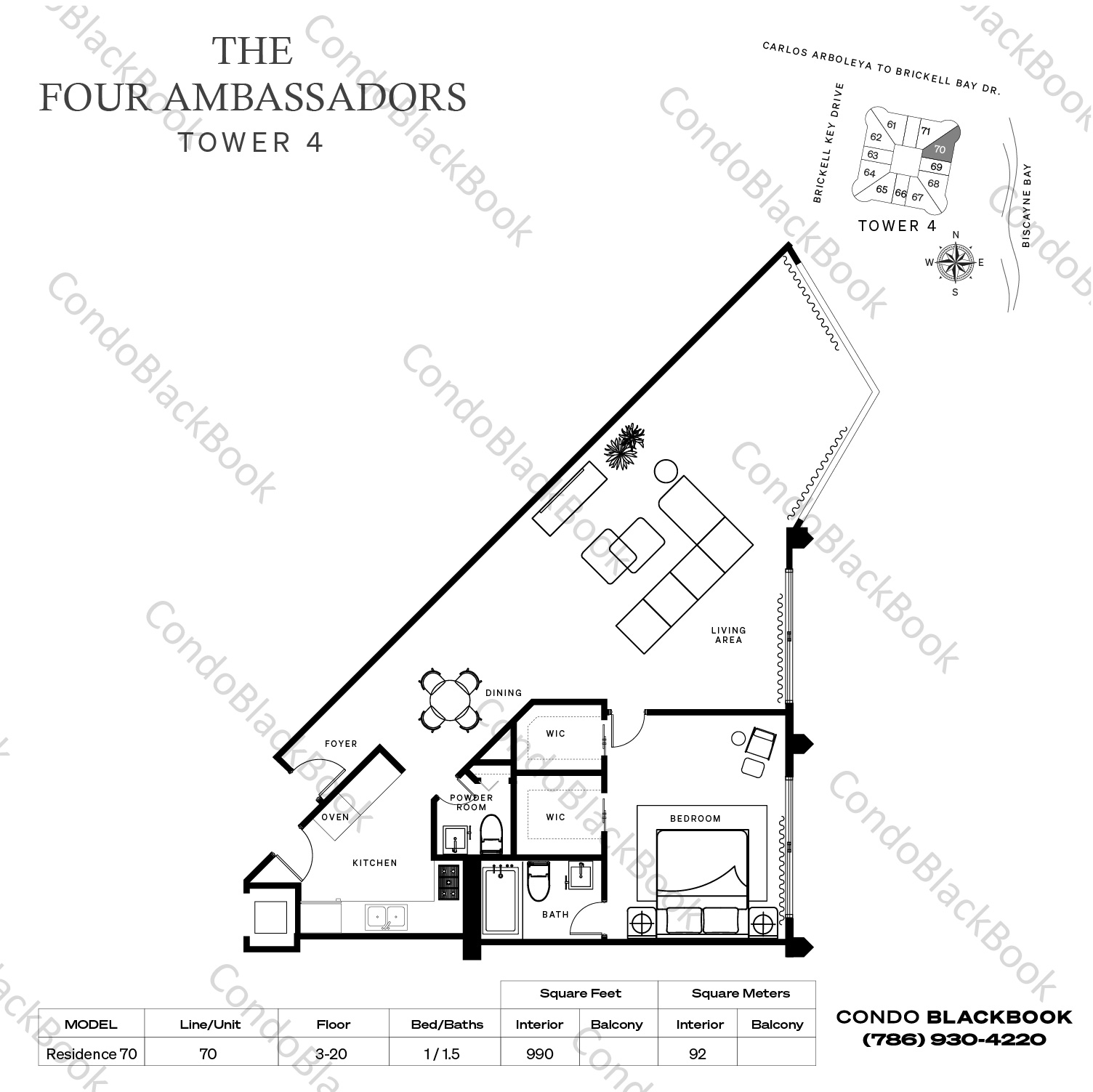 Floor plan for Four Ambassadors Brickell Miami, model Residence 70, line 70, 1 / 1.5 bedrooms, 990 sq ft
